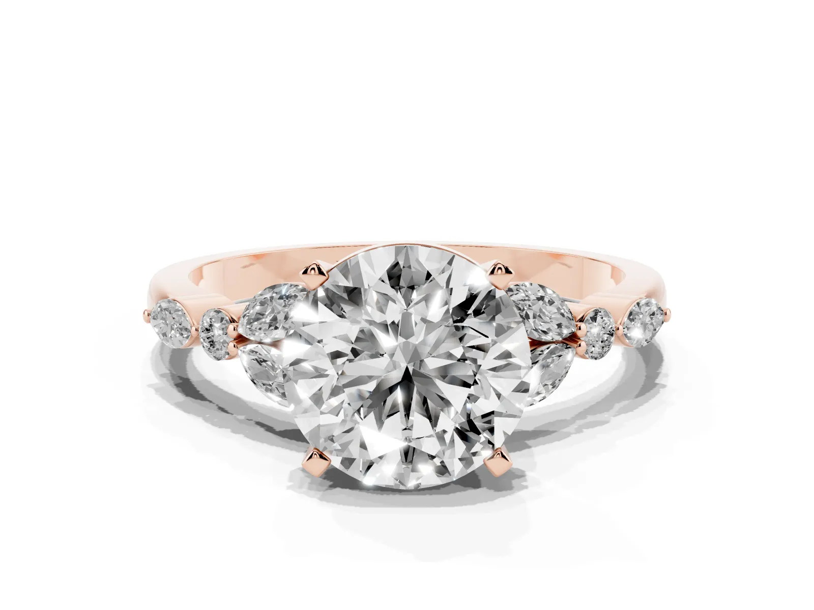Round Cut Diamond Solitaire Ring with Side Stones and Four-Prong Setting Rose gold