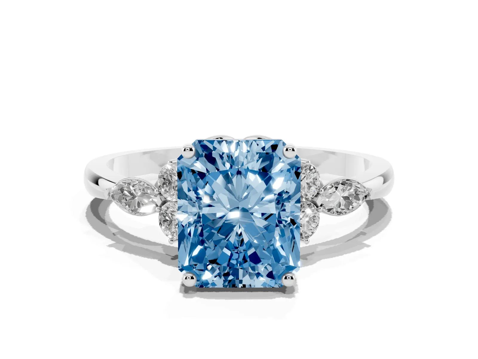 Fancy Blue Radiant Cut Brilliant Diamond Solitaire Ring with Pear Side Stones and Four-Prong Setting White gold