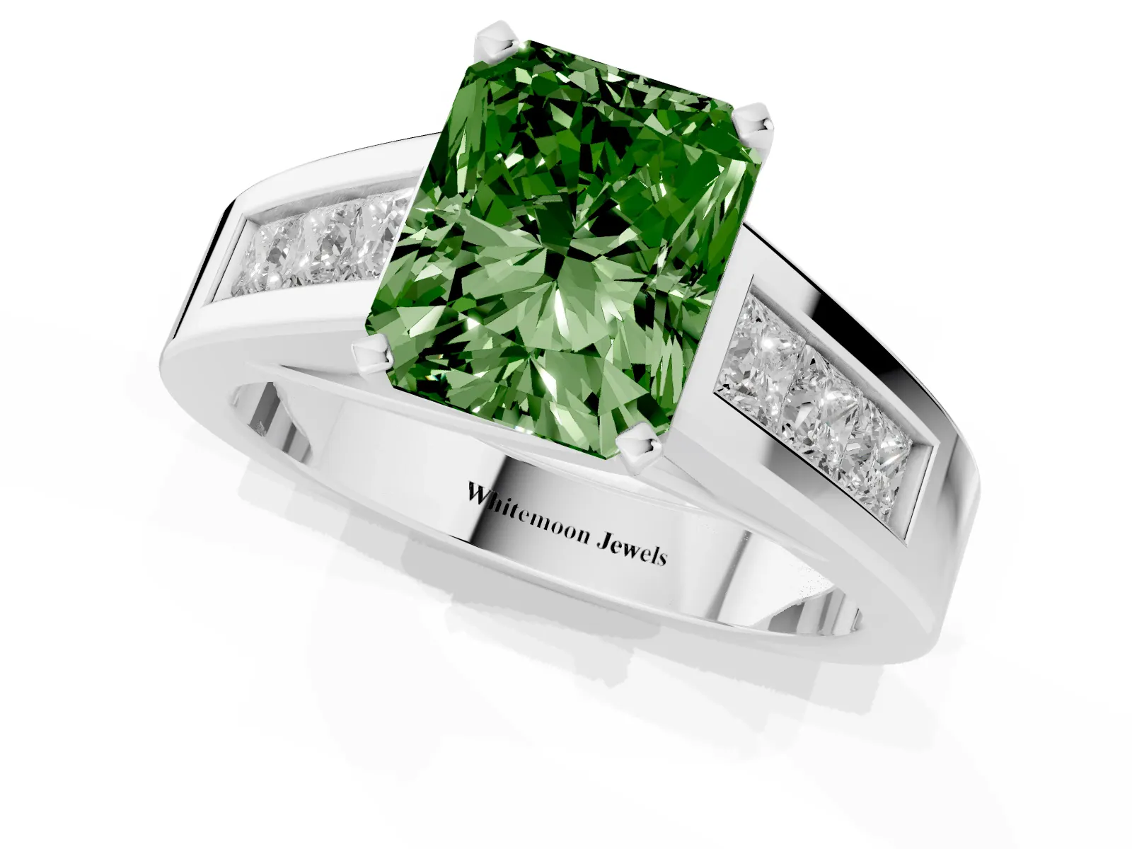 Fancy Green Radiant Cut Cut Channel Set Solitaire Ring with Four-Prong Setting Platinum