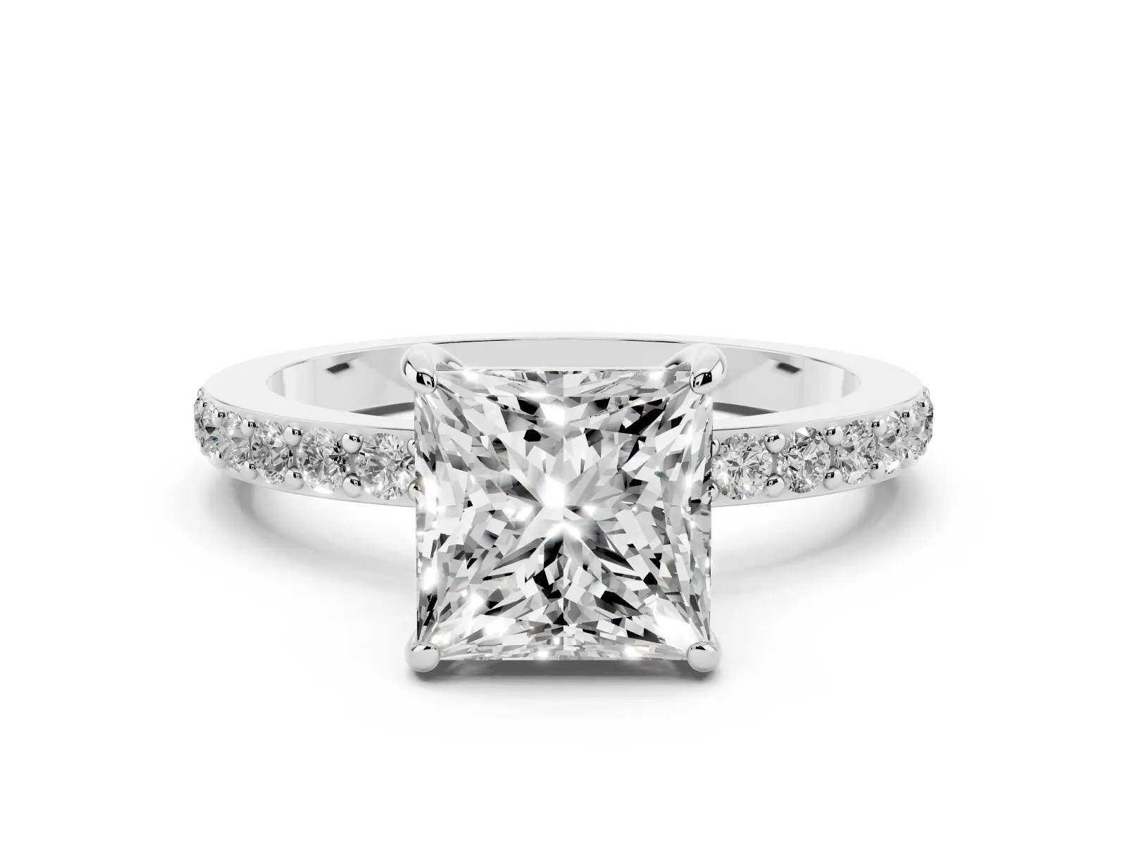 Princess Cut Diamond Solitaire Engagement Ring with Pavé Band and Four-Prong Setting White gold
