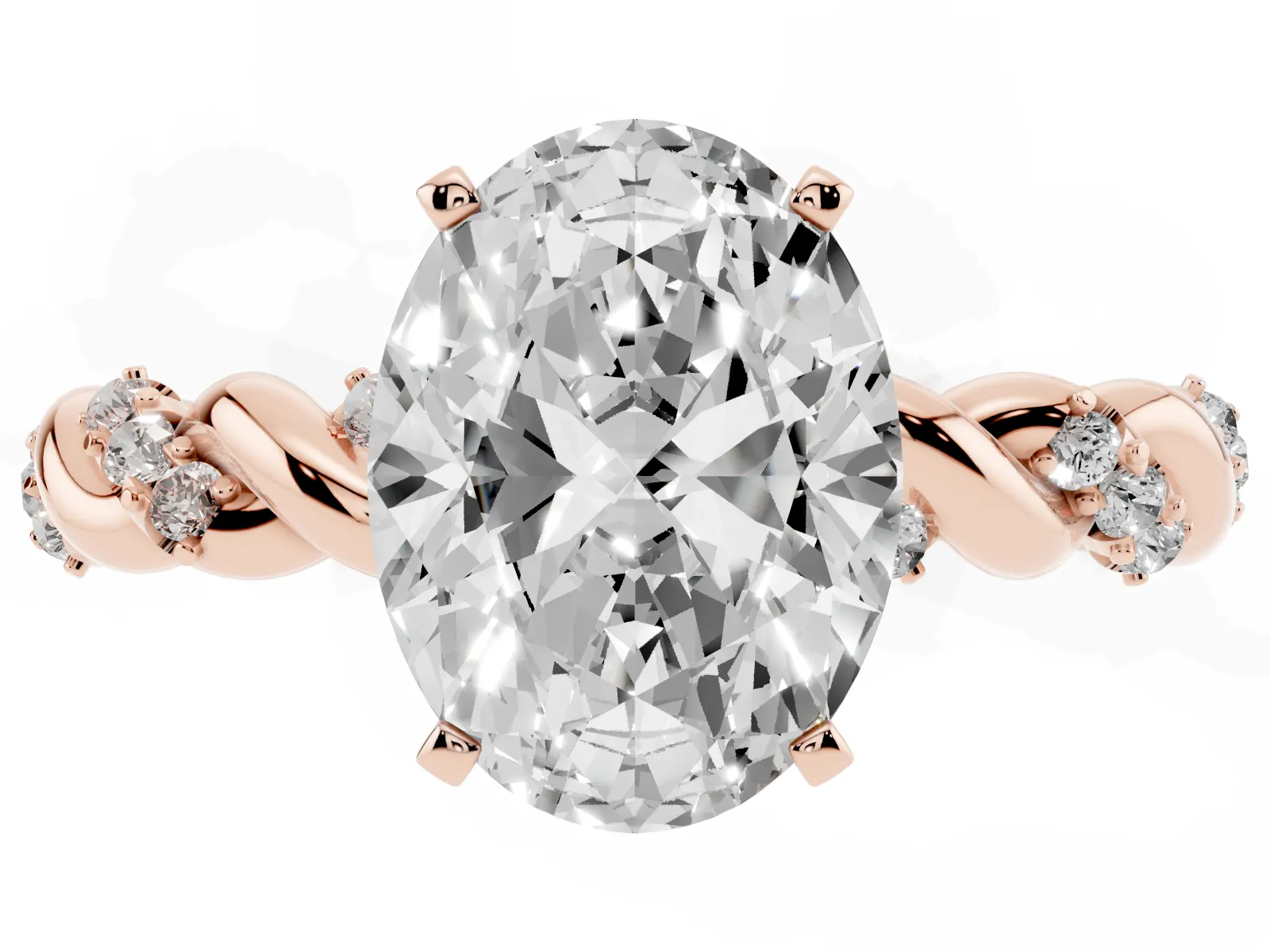 Oval Cut Diamond Solitaire Ring with Twisted Band and Pavé Accents Rose gold