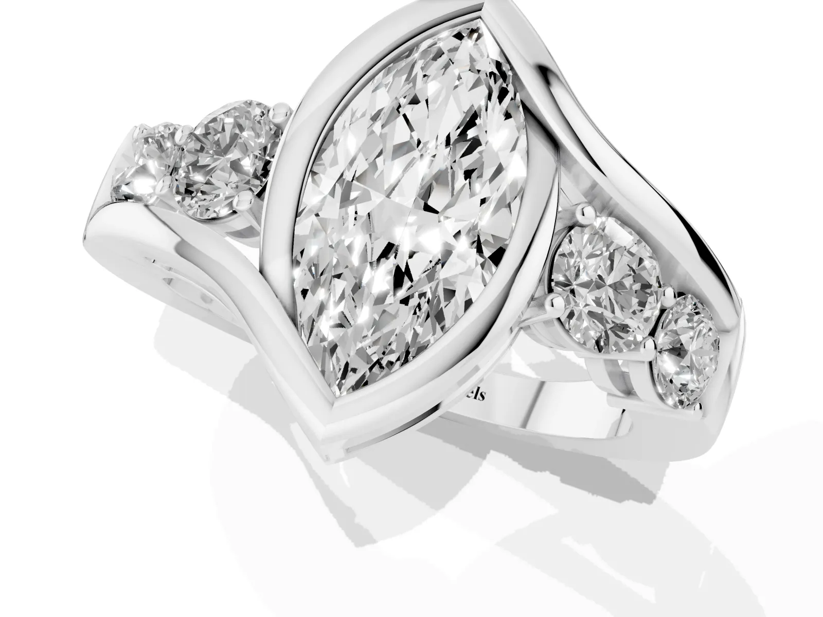 Bezel Set Marquise Cut Diamond Bypass Ring with Round Accents White gold