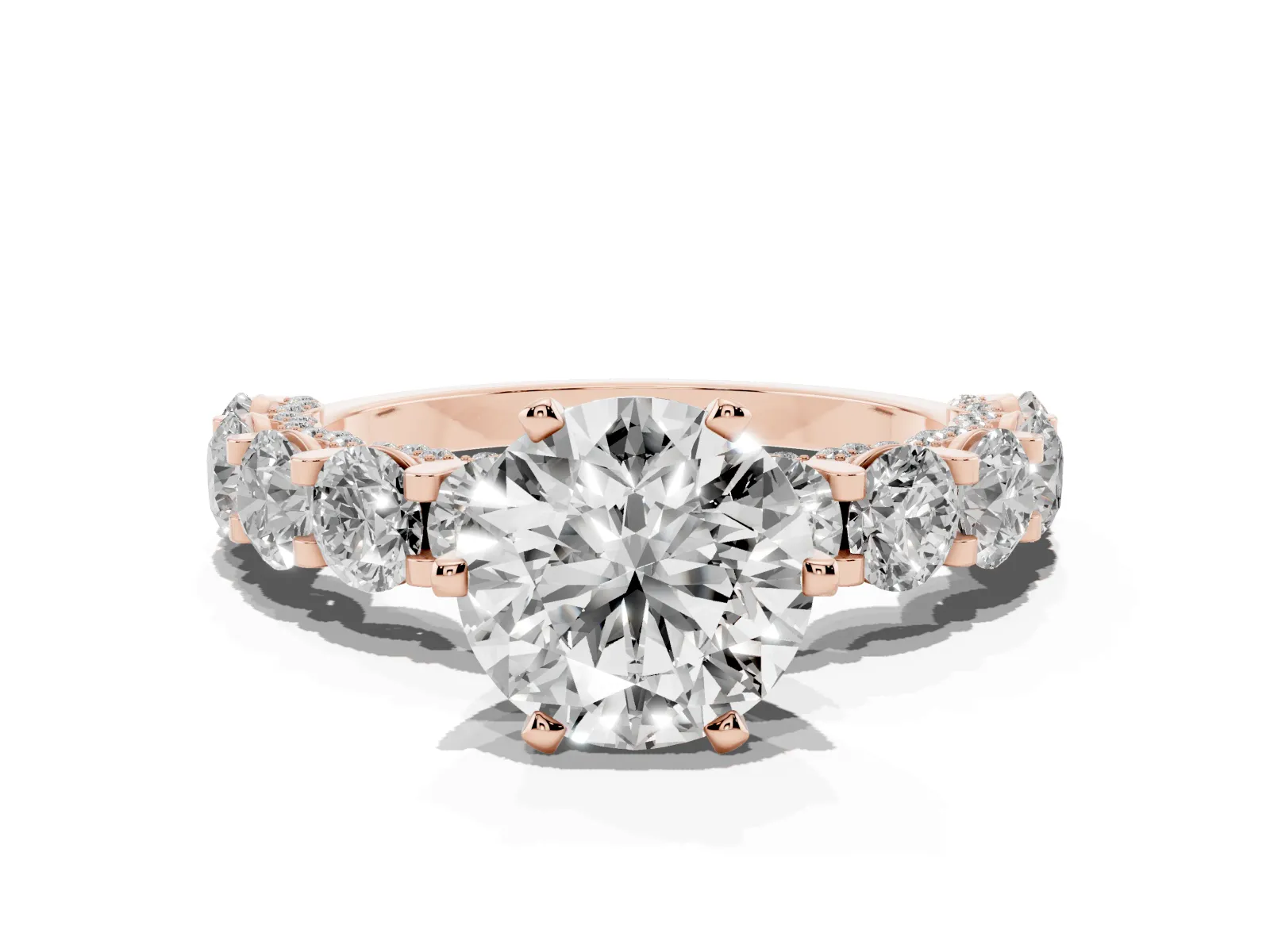 Round Cut Diamond Side Stone Engagement Ring with Four-Prong Setting Rose gold