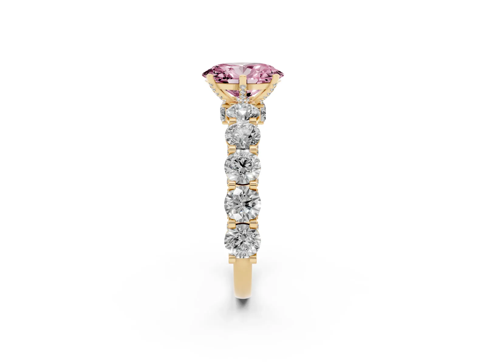 Fancy Pink Oval Cut Diamond Side Stone Engagement Ring with Four-Prong Setting Yellow gold