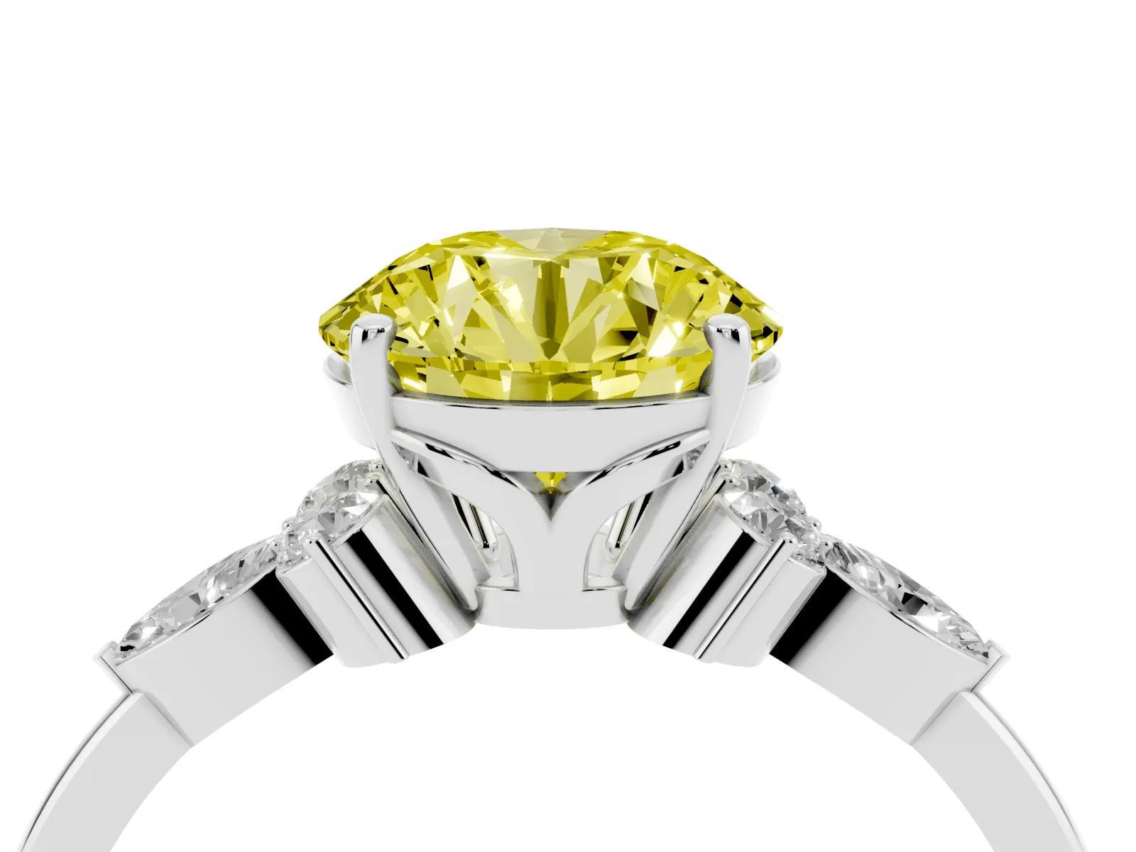 Fancy Yellow Round Cut Brilliant Diamond Solitaire Ring with Pear Side Stones and Four-Prong Setting Platinum