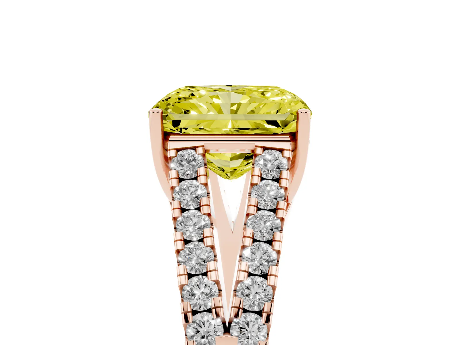 Fancy Yellow Radiant Cut Diamond Split Shank Engagement Ring with Round Pavé and Prong Setting Rose gold