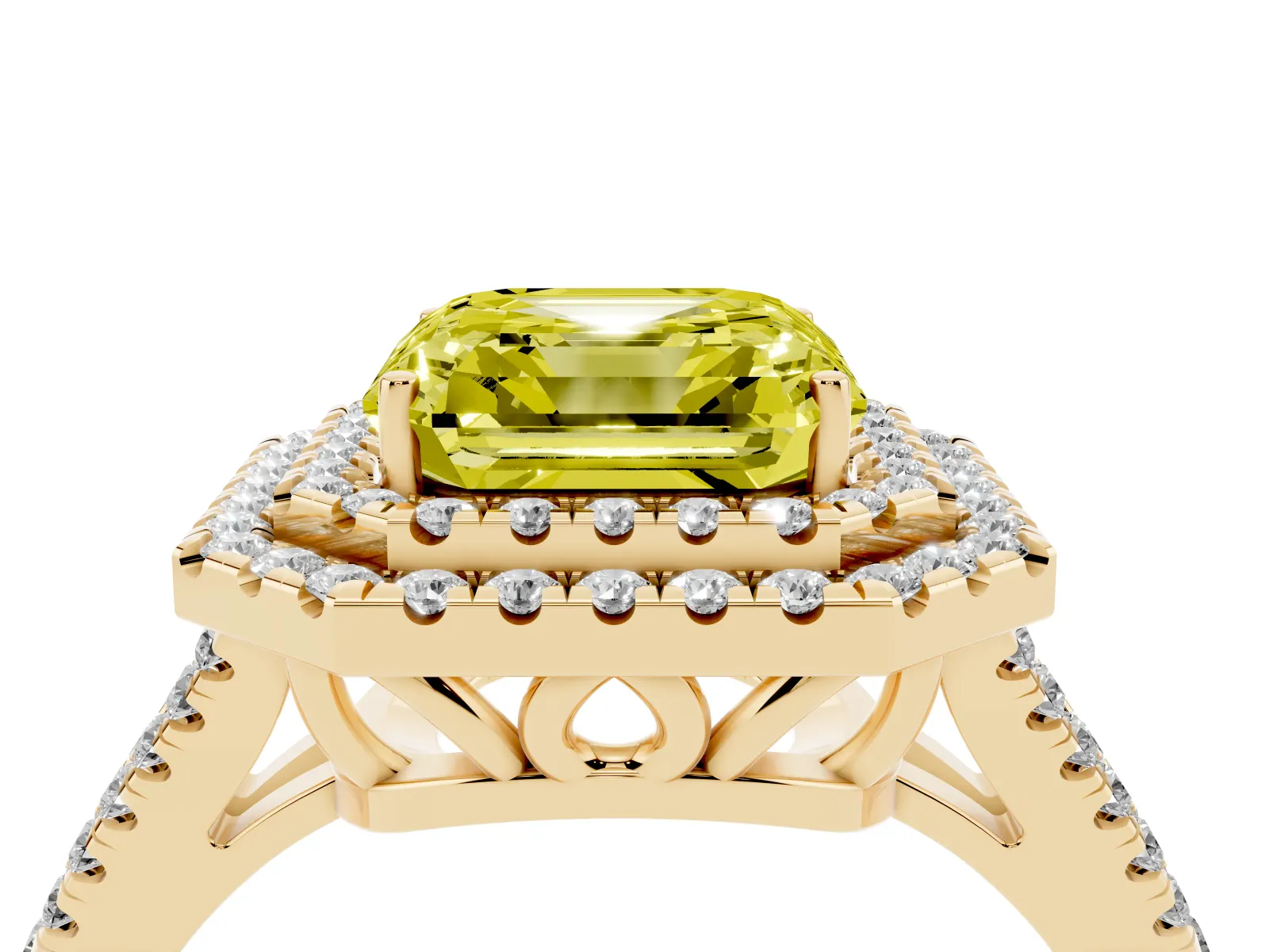 Fancy Yellow Asscher Cut Diamond Double Halo Ring with Pavé Band and Prong Setting Yellow gold