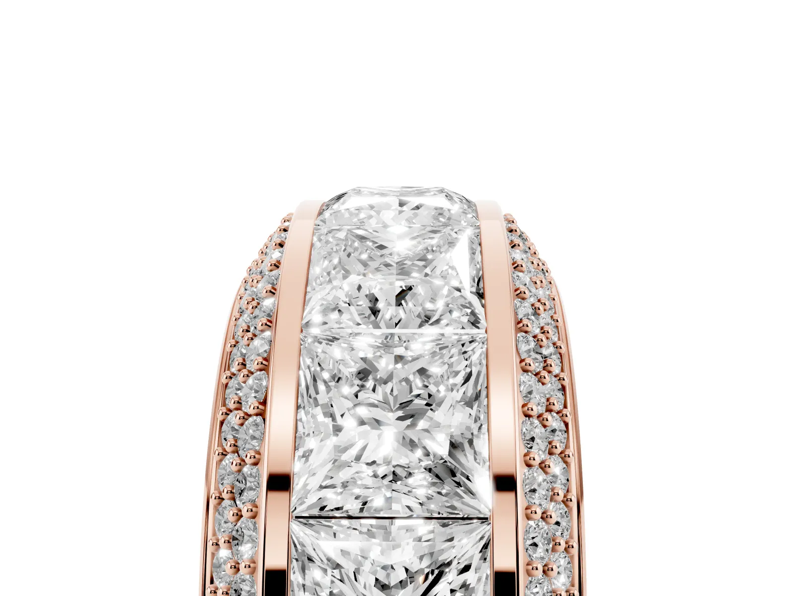 Princess Diamond Pavé Mens Wedding Band with Round Diamond Accents Rose gold