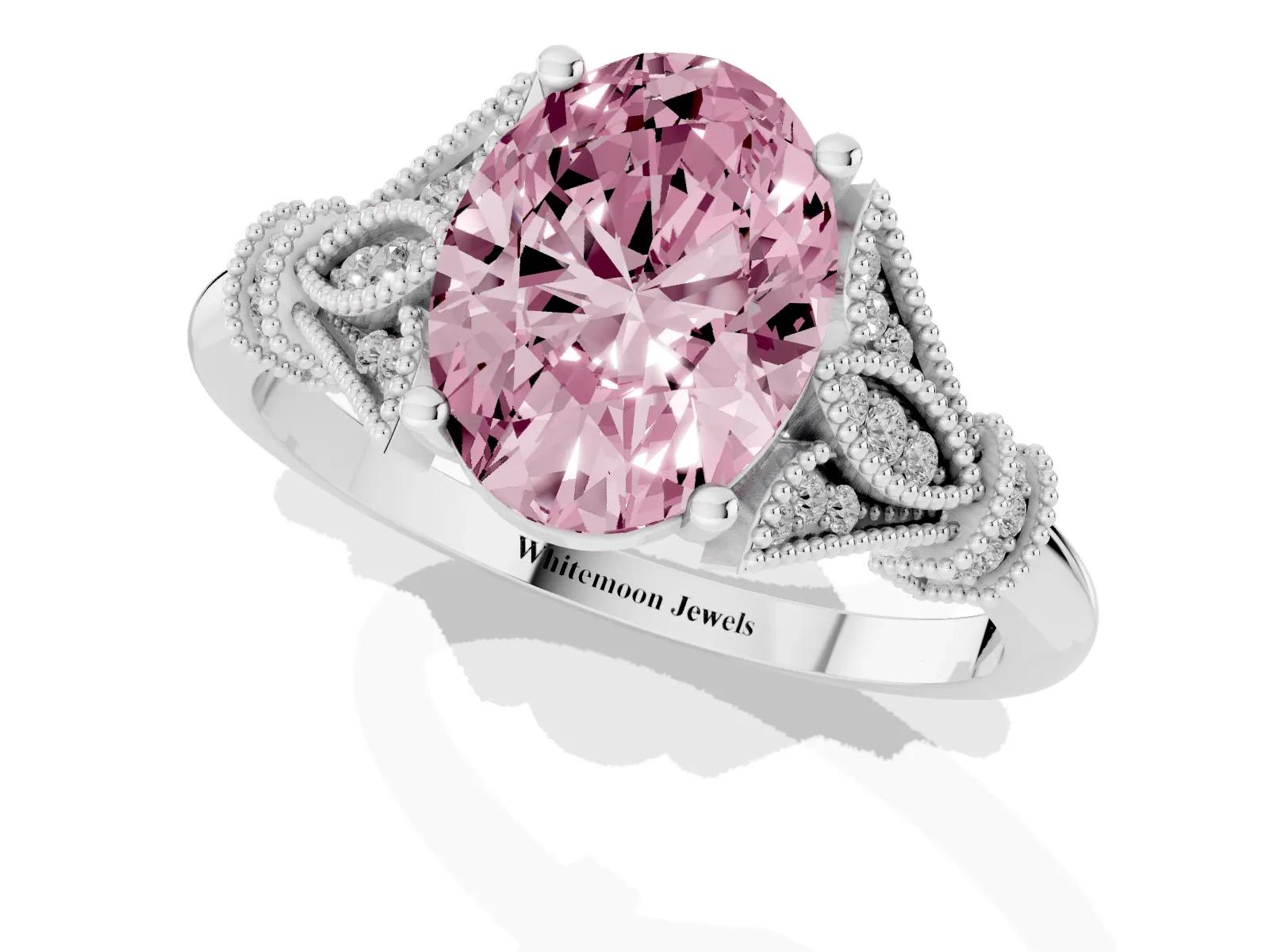 Fancy Pink Oval Cut Diamond Solitaire Ring with Floral Filigree and Pave Accents White gold
