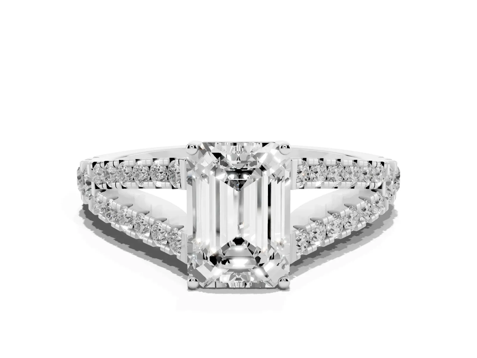 Emerald Cut Diamond Split Shank Engagement Ring with Round Pavé and Prong Setting White gold
