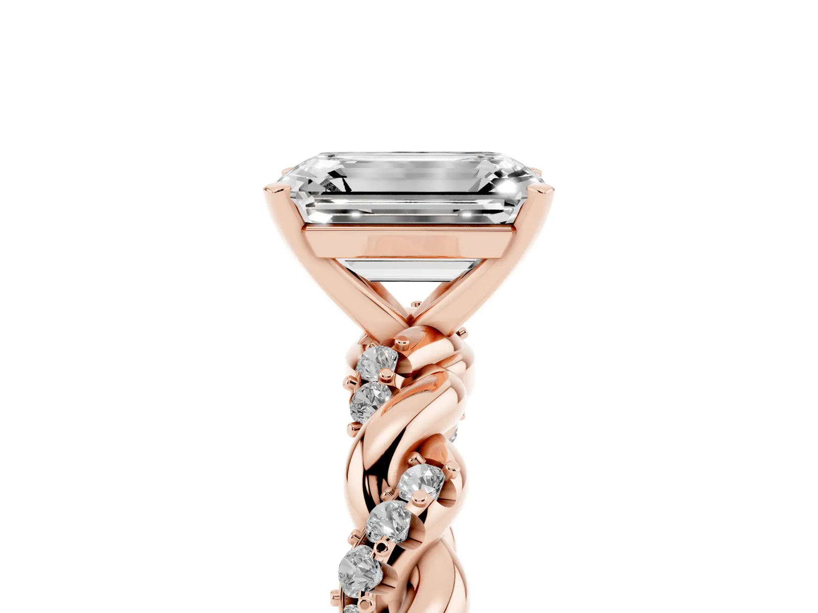 Emerald Cut Diamond Solitaire Ring with Twisted Band and Pavé Accents Rose gold