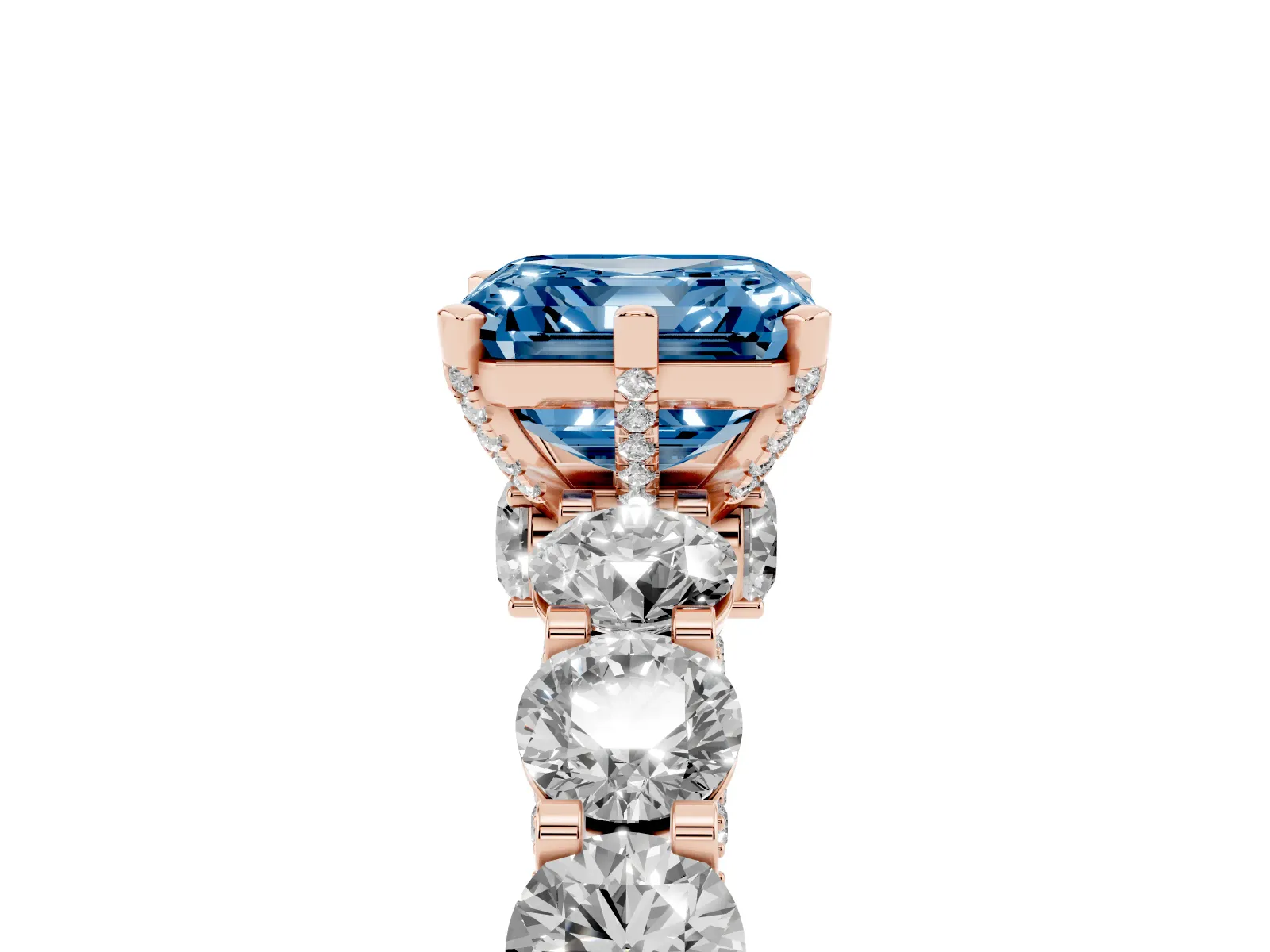 Fancy Blue Asscher Cut Diamond Side Stone Engagement Ring with Four-Prong Setting Rose gold