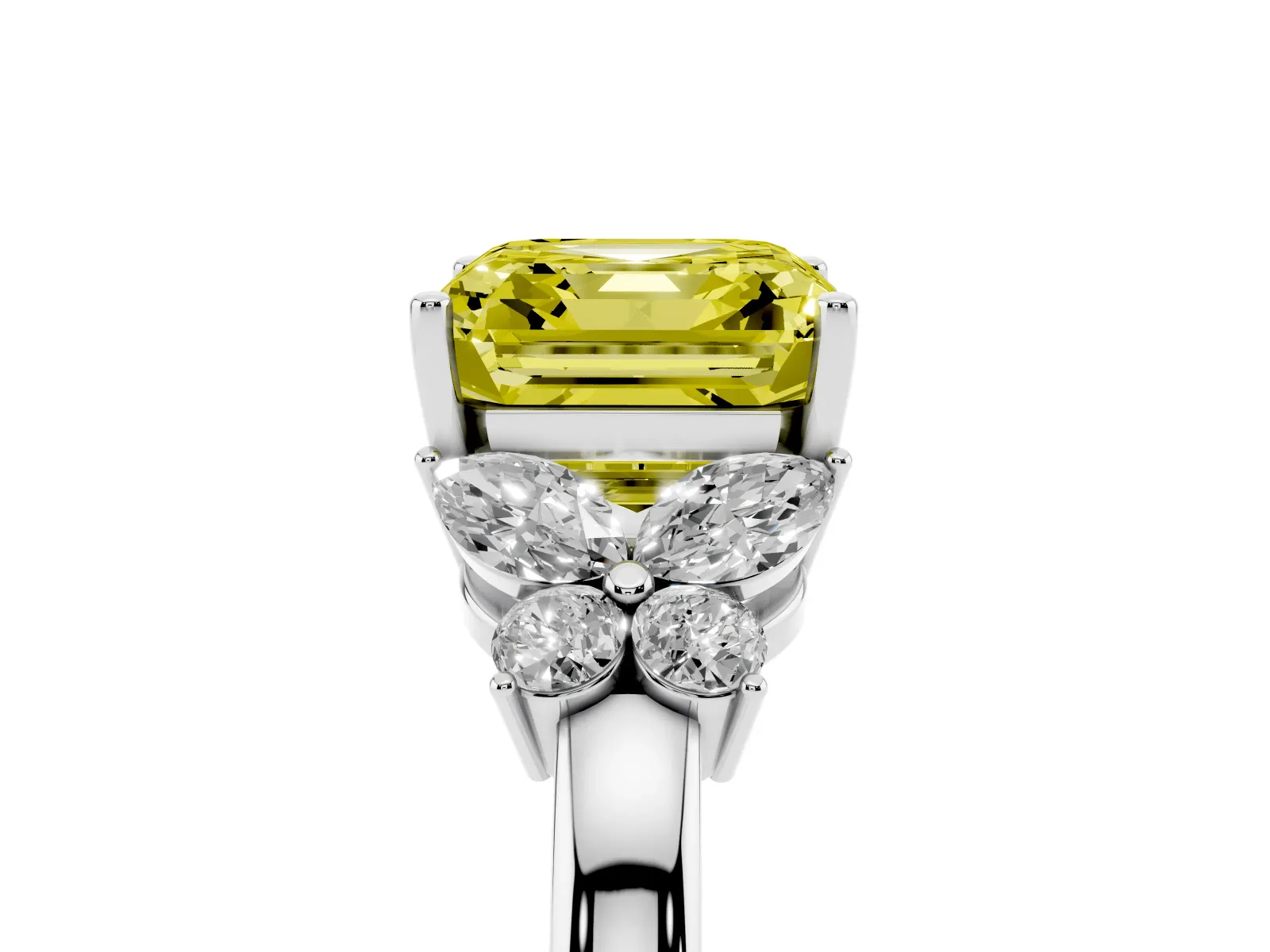 Fancy Yellow Asscher Cut Cut Solitaire Floral Diamond Ring with Four-Prong Setting Platinum