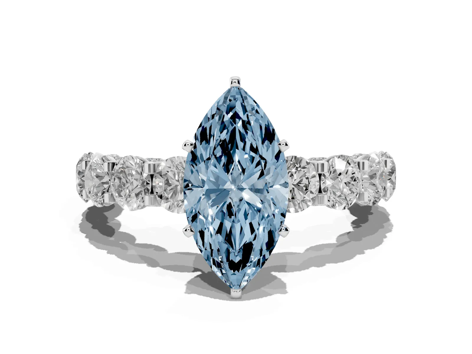 Fancy Blue Marquise Cut Diamond Side Stone Engagement Ring with Four-Prong Setting Platinum
