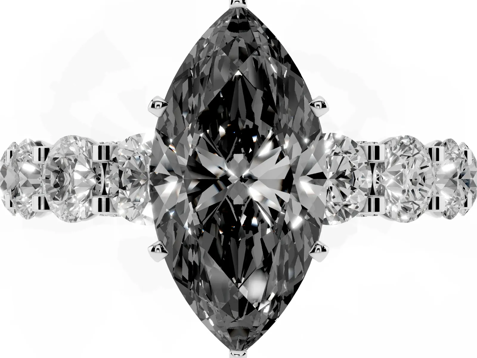 Fancy Black Marquise Cut Diamond Side Stone Engagement Ring with Four-Prong Setting Platinum
