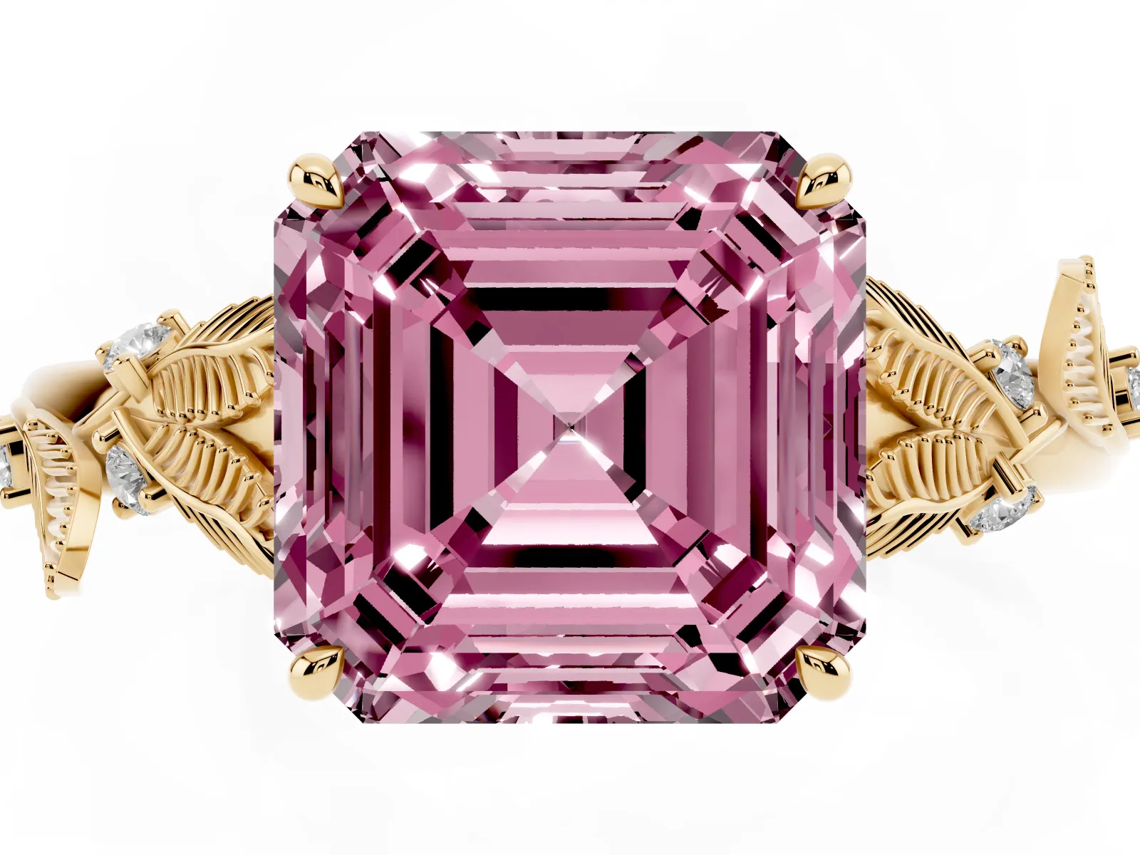 Fancy Pink Asscher Cut Diamond Solitaire Ring with Leaf Motif Band and Four-Prong Setting Yellow gold