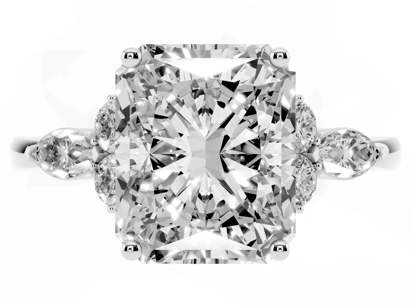 Radiant Cut Brilliant Diamond Solitaire Ring with Pear Side Stones and Four-Prong Setting White gold