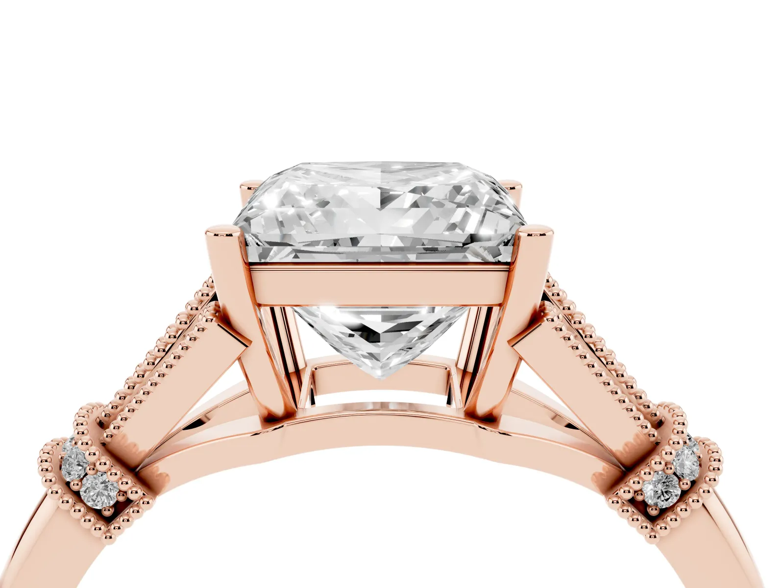 Princess Cut Diamond Solitaire Ring with Floral Filigree and Pave Accents Rose gold