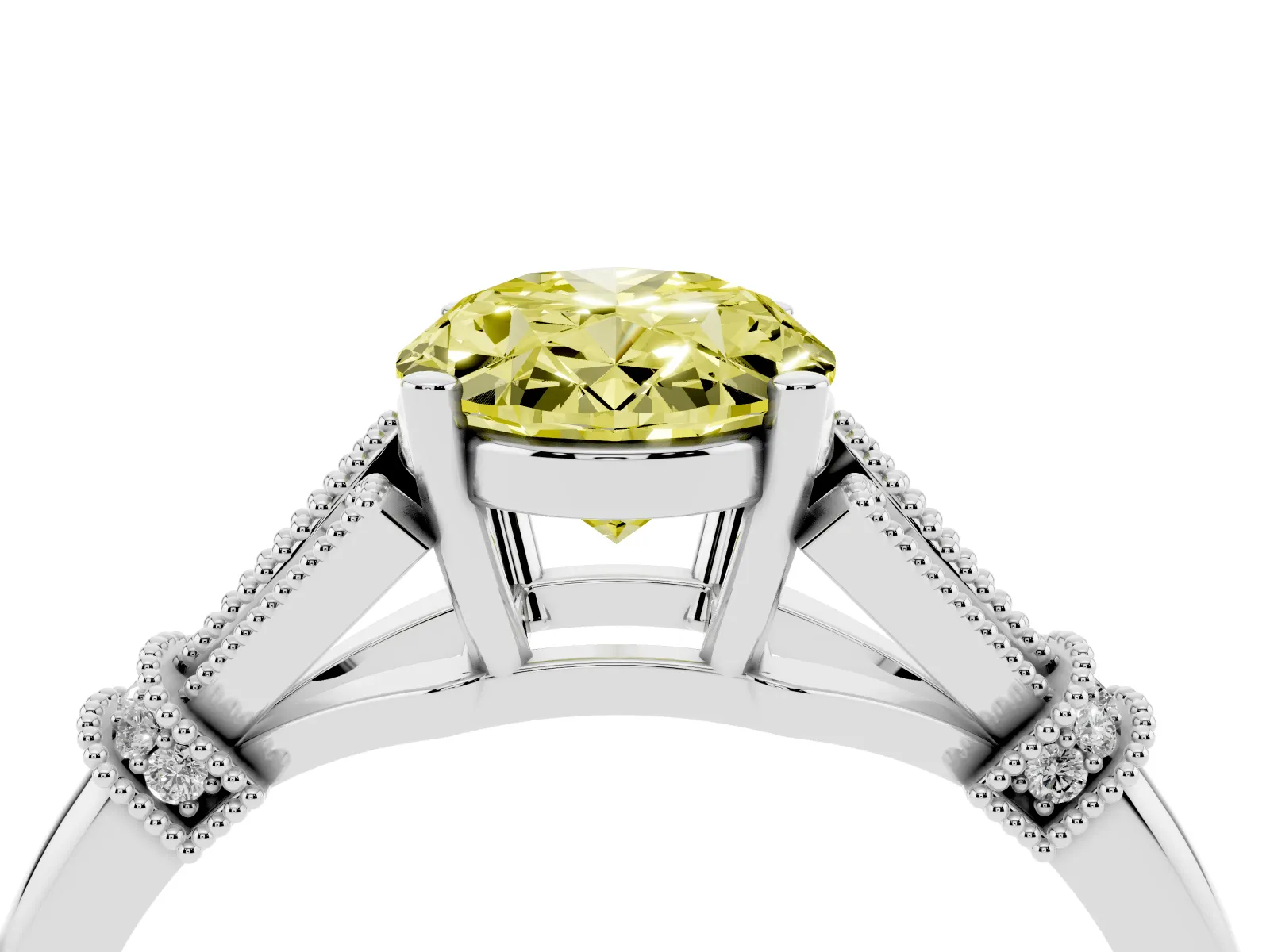 Fancy Yellow Oval Cut Diamond Solitaire Ring with Floral Filigree and Pave Accents White gold