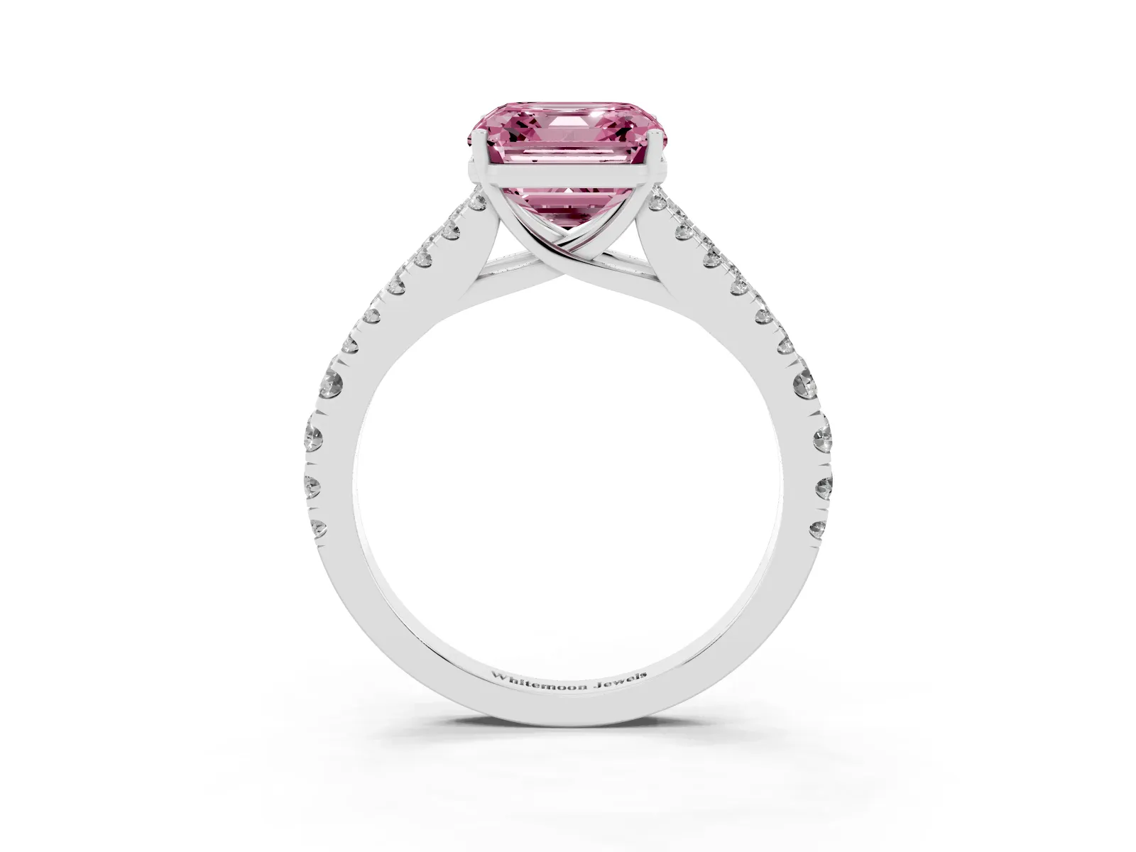 Fancy Pink Asscher Cut Diamond Split Shank Engagement Ring with Round Pavé and Prong Setting White gold