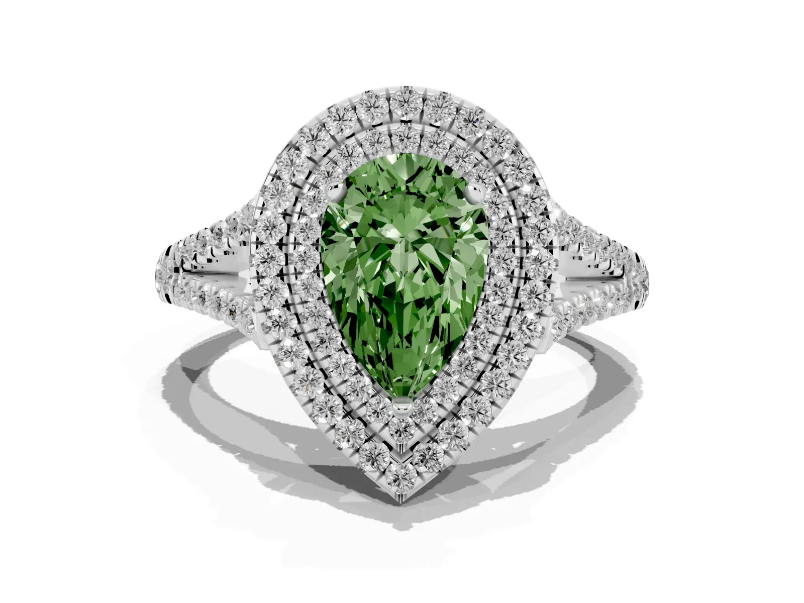 Fancy Green Pear Cut Diamond Double Halo Ring with Pavé Band and Prong Setting Platinum
