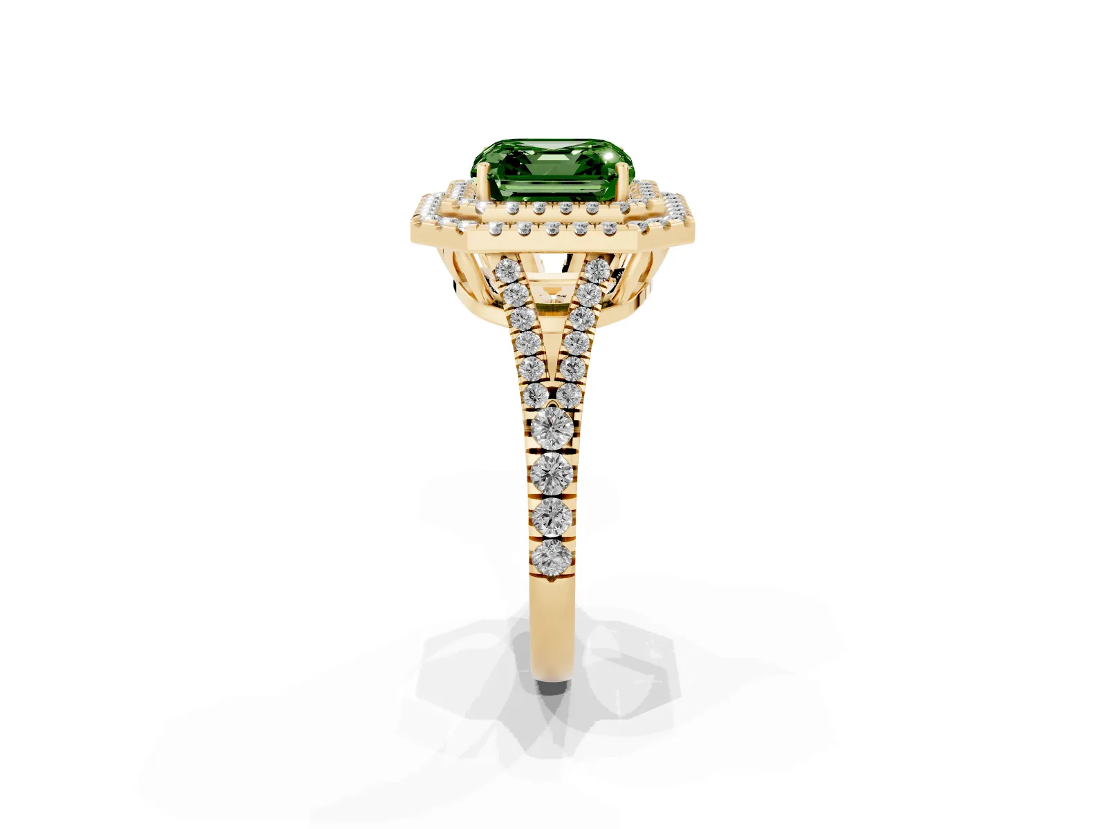 Fancy Green Asscher Cut Diamond Double Halo Ring with Pavé Band and Prong Setting Yellow gold