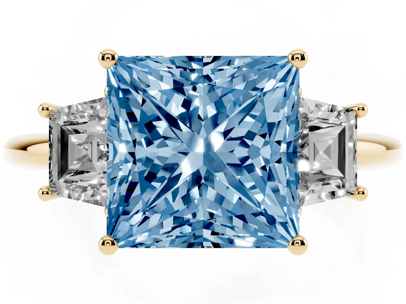 Fancy Blue Princess Cut Diamond Three-Stone Ring with Trapezoid Side Stones and Prong Setting Yellow gold