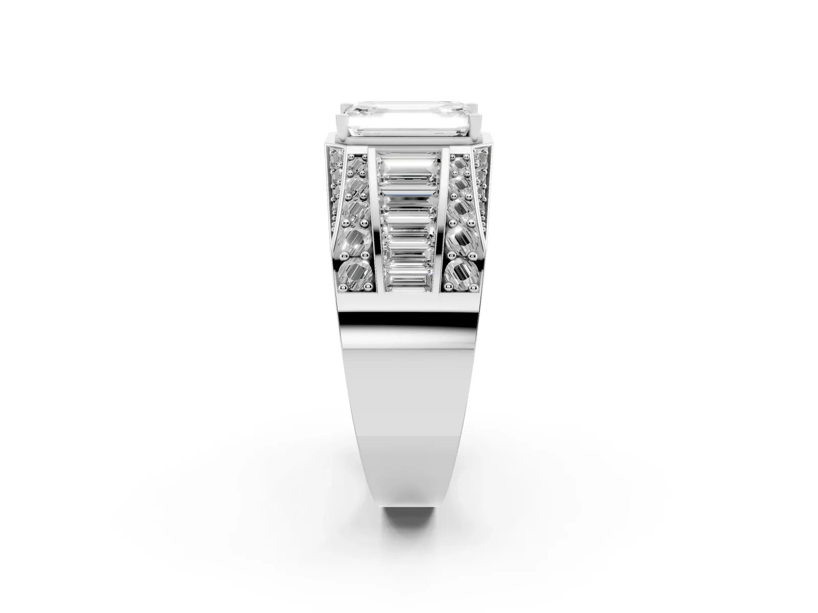 Emerald Cut Diamond Mens Ring with Baguette Side Stones Platinum