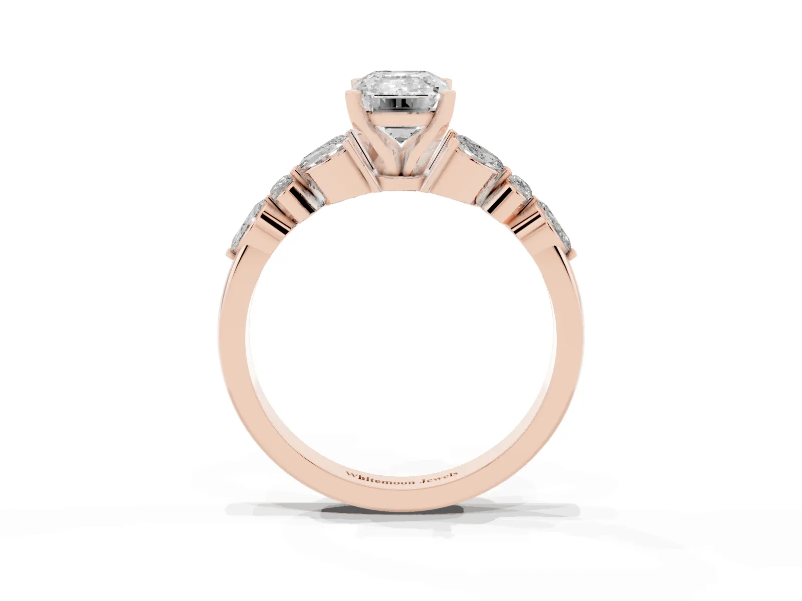 Emerald Cut Diamond Solitaire Ring with Side Stones and Four-Prong Setting Rose gold