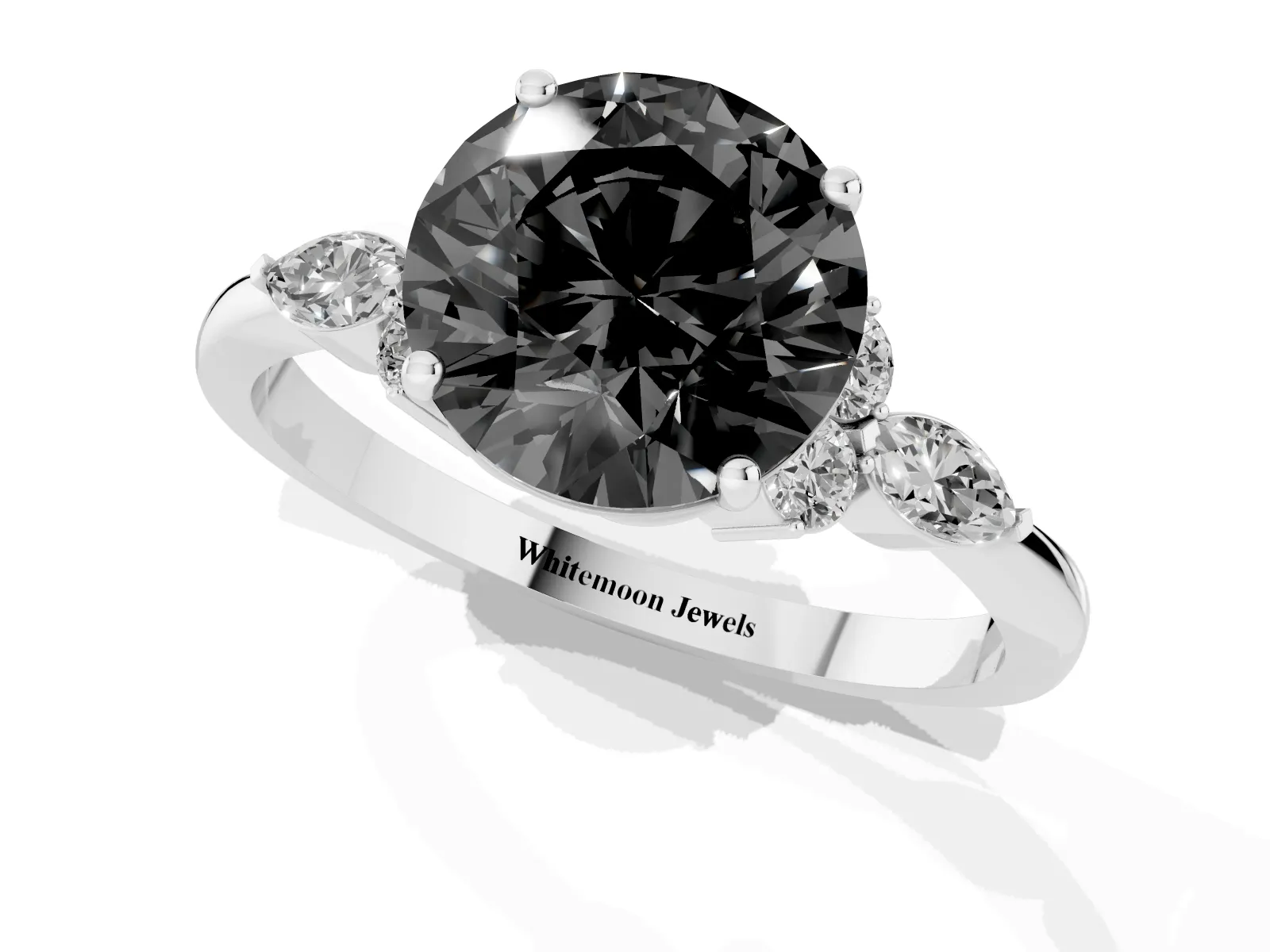 Fancy Black Round Cut Brilliant Diamond Solitaire Ring with Pear Side Stones and Four-Prong Setting Platinum