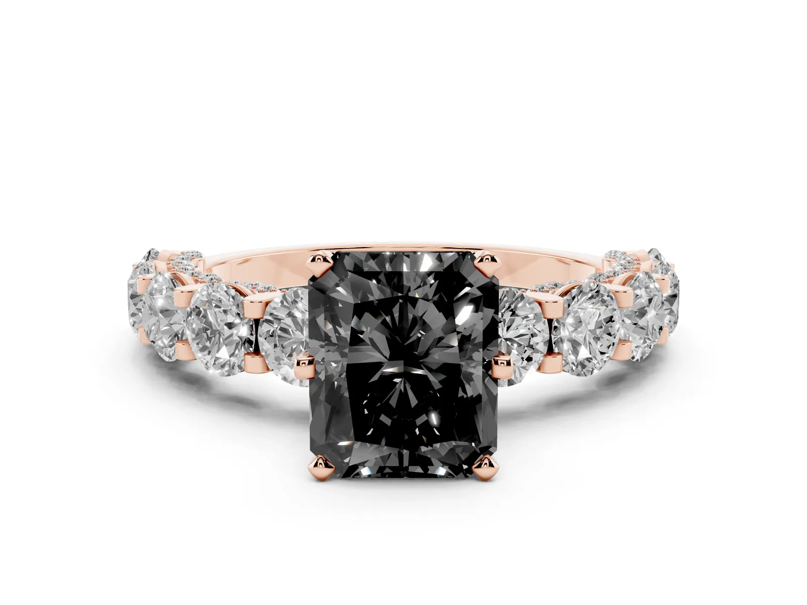 Fancy Black Radiant Cut Diamond Side Stone Engagement Ring with Four-Prong Setting Rose gold