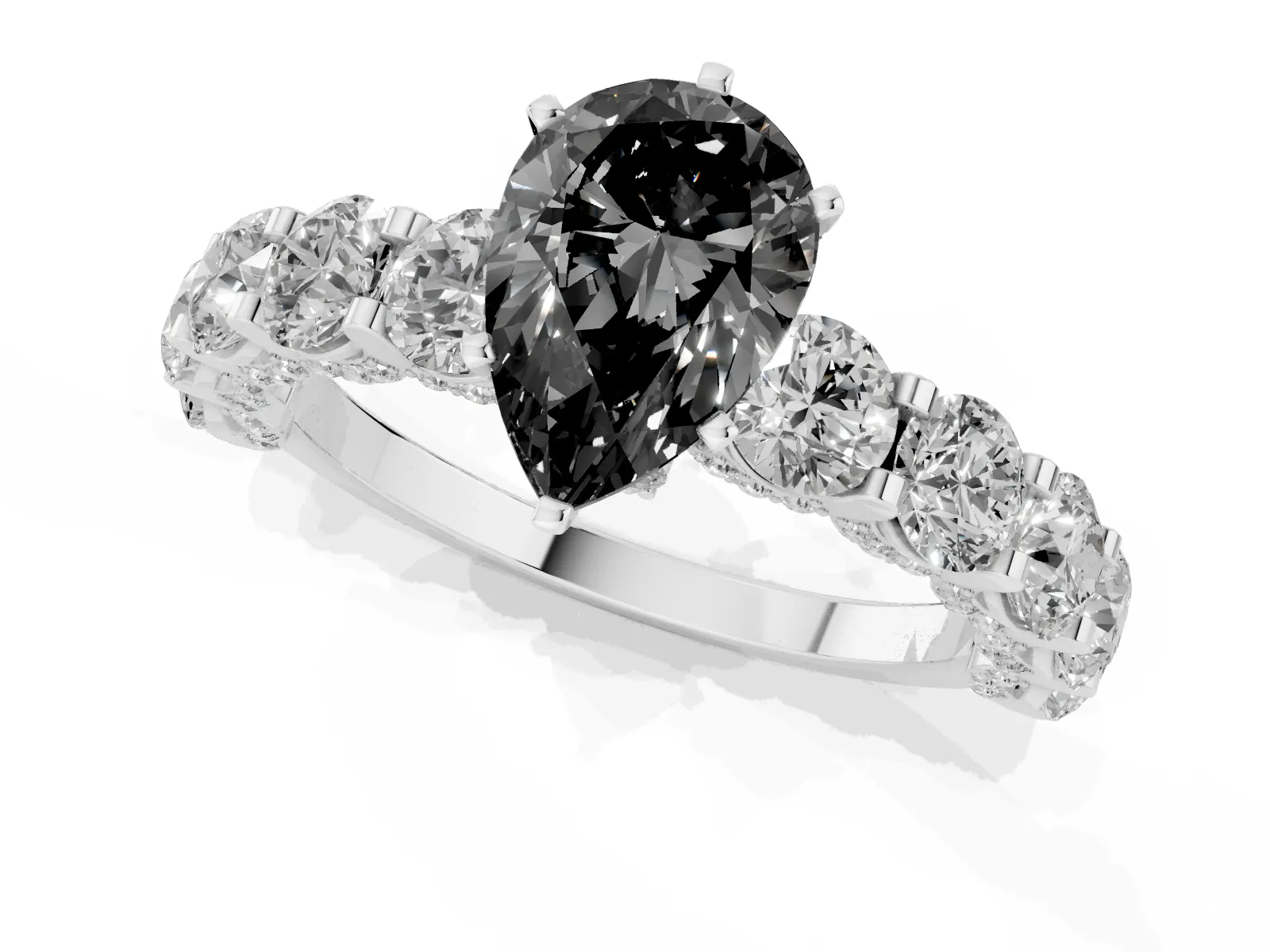 Fancy Black Pear Cut Diamond Side Stone Engagement Ring with Four-Prong Setting White gold