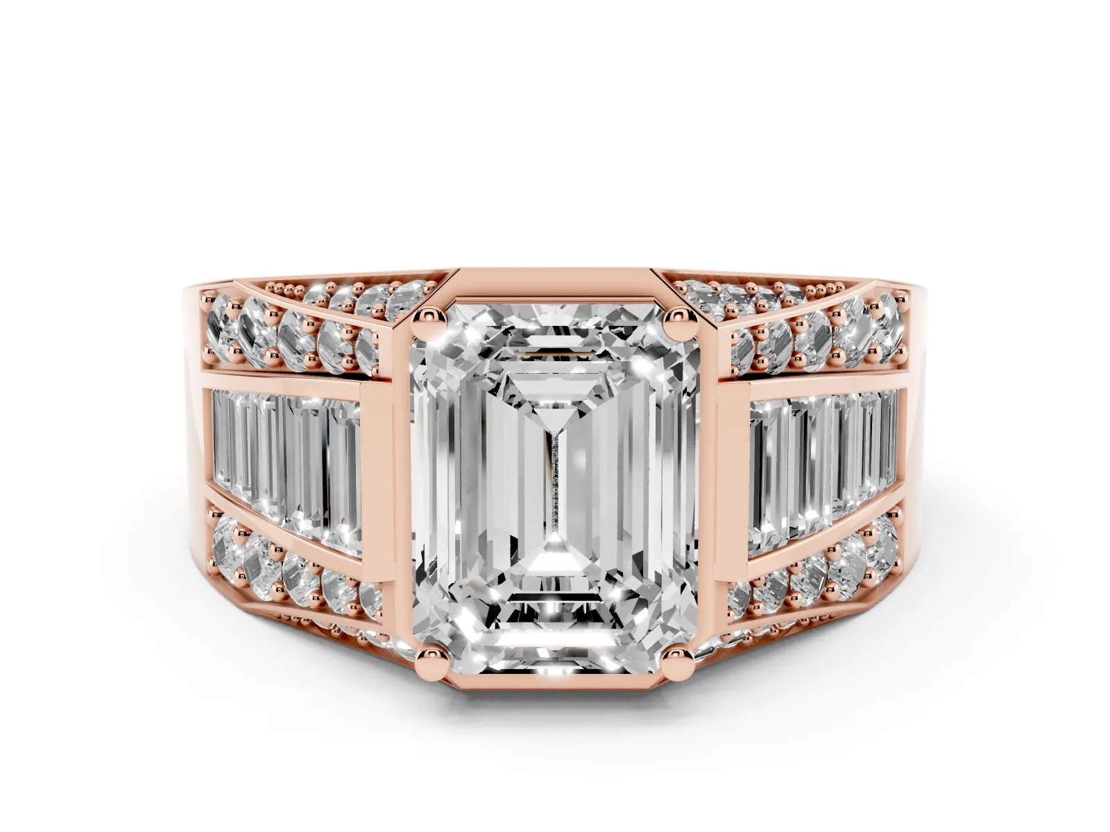 Emerald Cut Diamond Mens Ring with Baguette Side Stones Rose gold