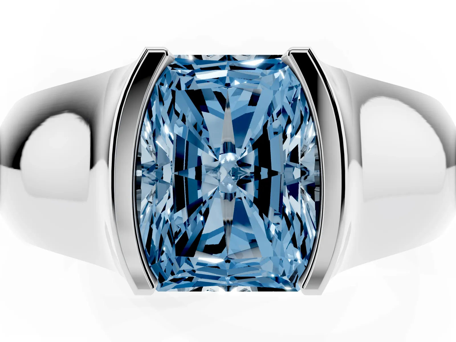 Fancy Blue Radiant Cut Solitaire Bezel Set Diamond Ring with Wide Band White gold
