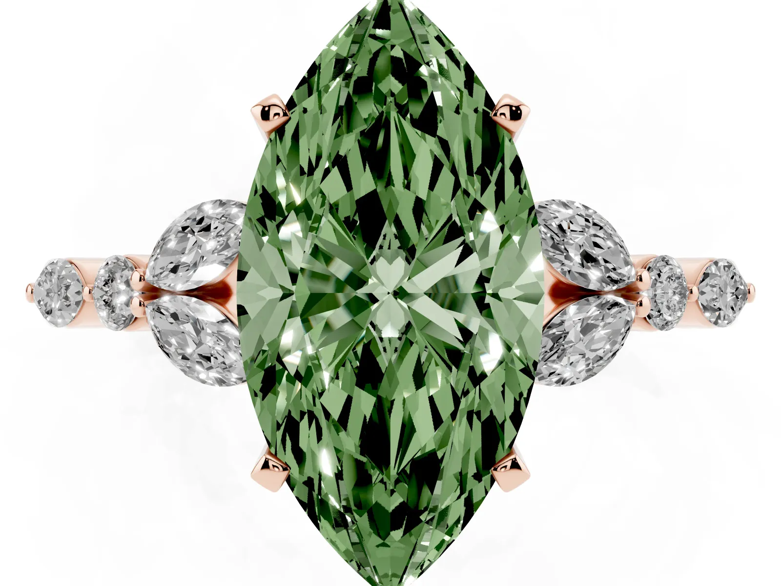 Fancy Green Marquise Cut Diamond Solitaire Ring with Side Stones and Four-Prong Setting Rose gold
