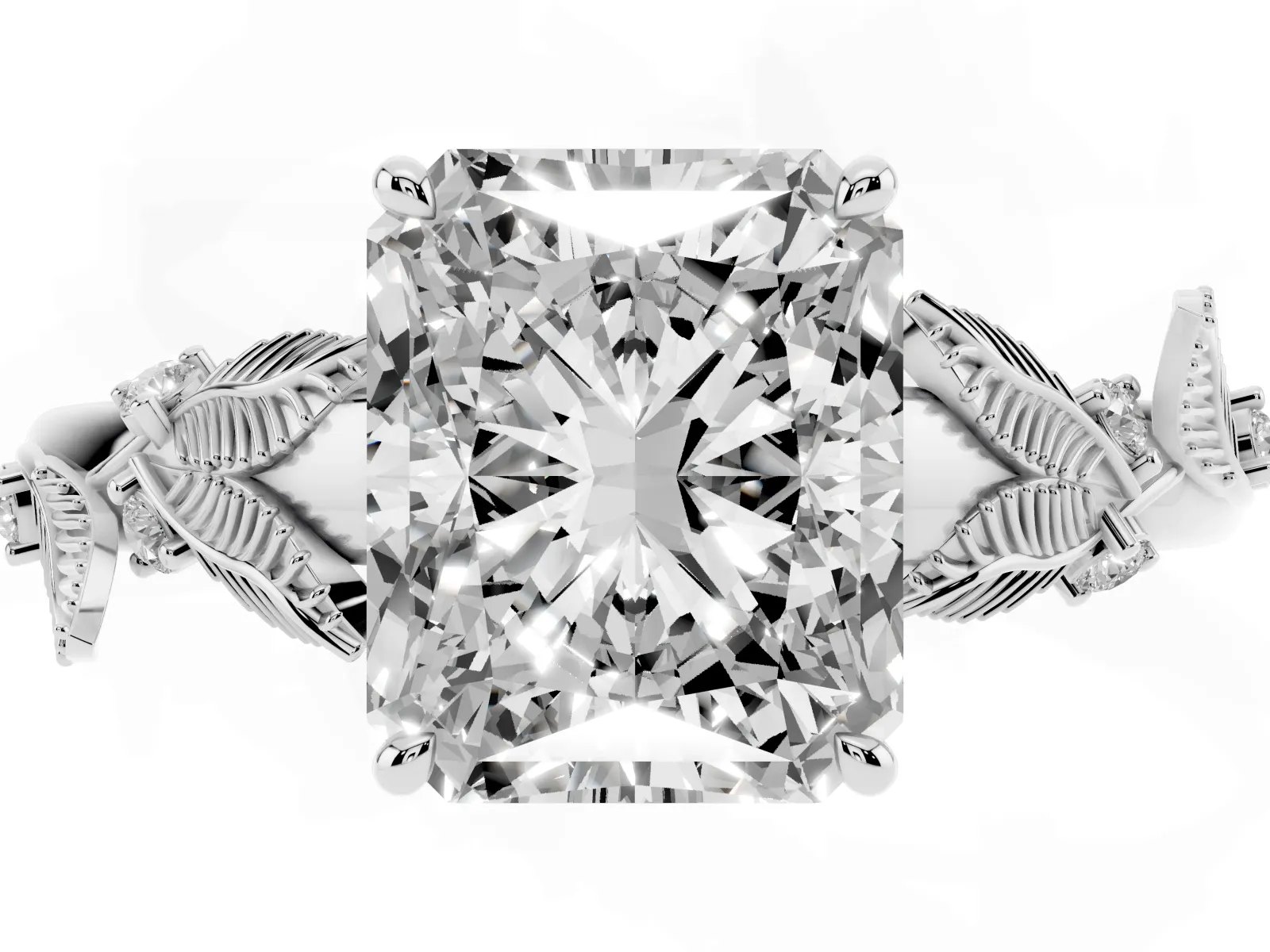 Radiant Cut Diamond Solitaire Ring with Leaf Motif Band and Four-Prong Setting Silver
