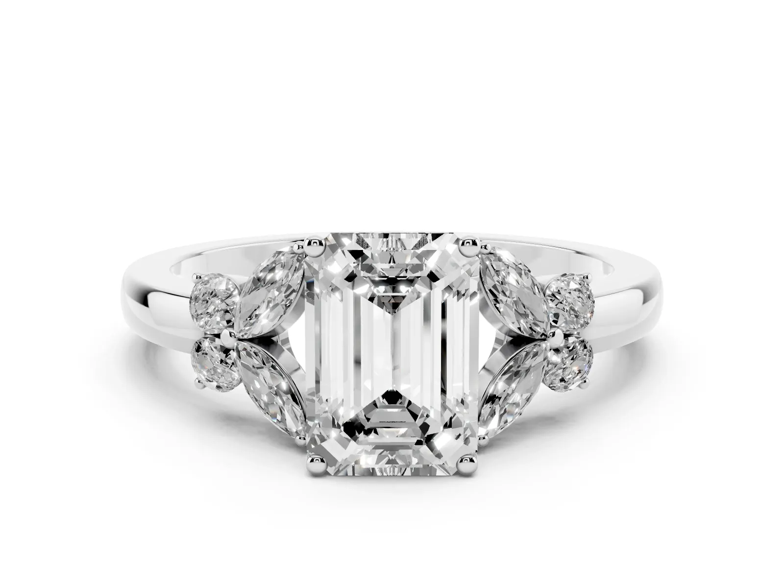 Emerald Cut Cut Solitaire Floral Diamond Ring with Four-Prong Setting Platinum