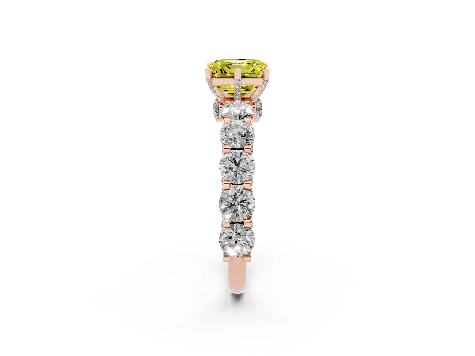Fancy Yellow Asscher Cut Diamond Side Stone Engagement Ring with Four-Prong Setting Rose gold