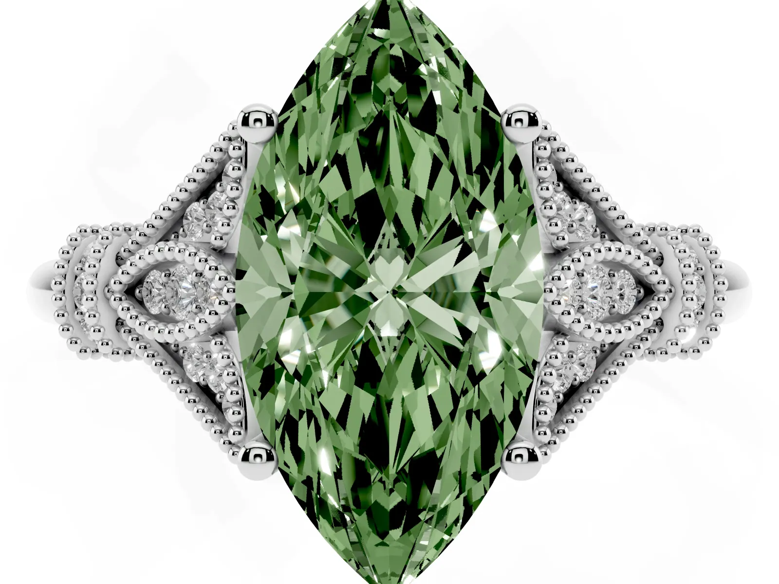 Fancy Green Marquise Cut Diamond Solitaire Ring with Floral Filigree and Pave Accents Platinum