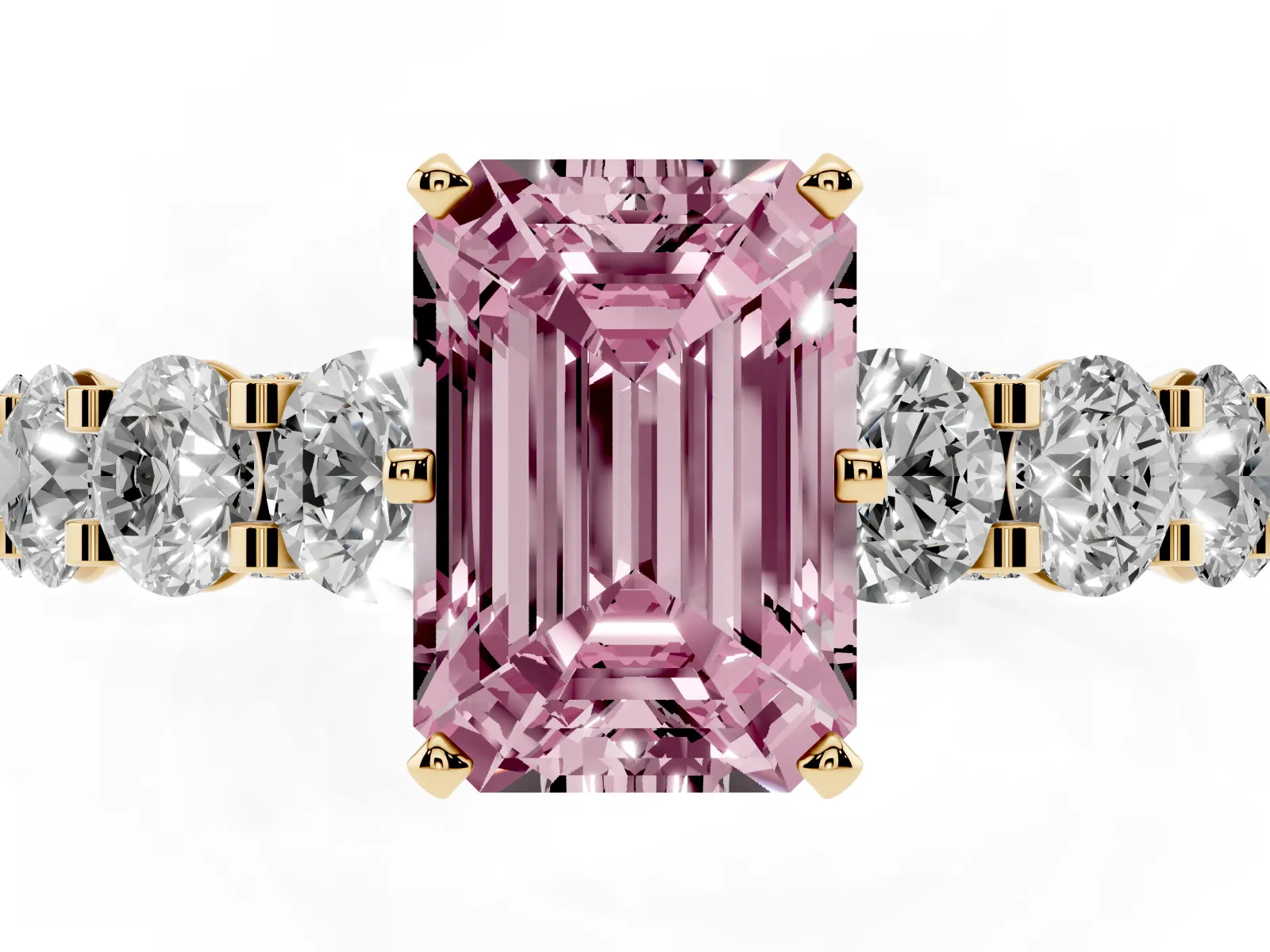 Fancy Pink Emerald Cut Diamond Side Stone Engagement Ring with Four-Prong Setting Yellow gold