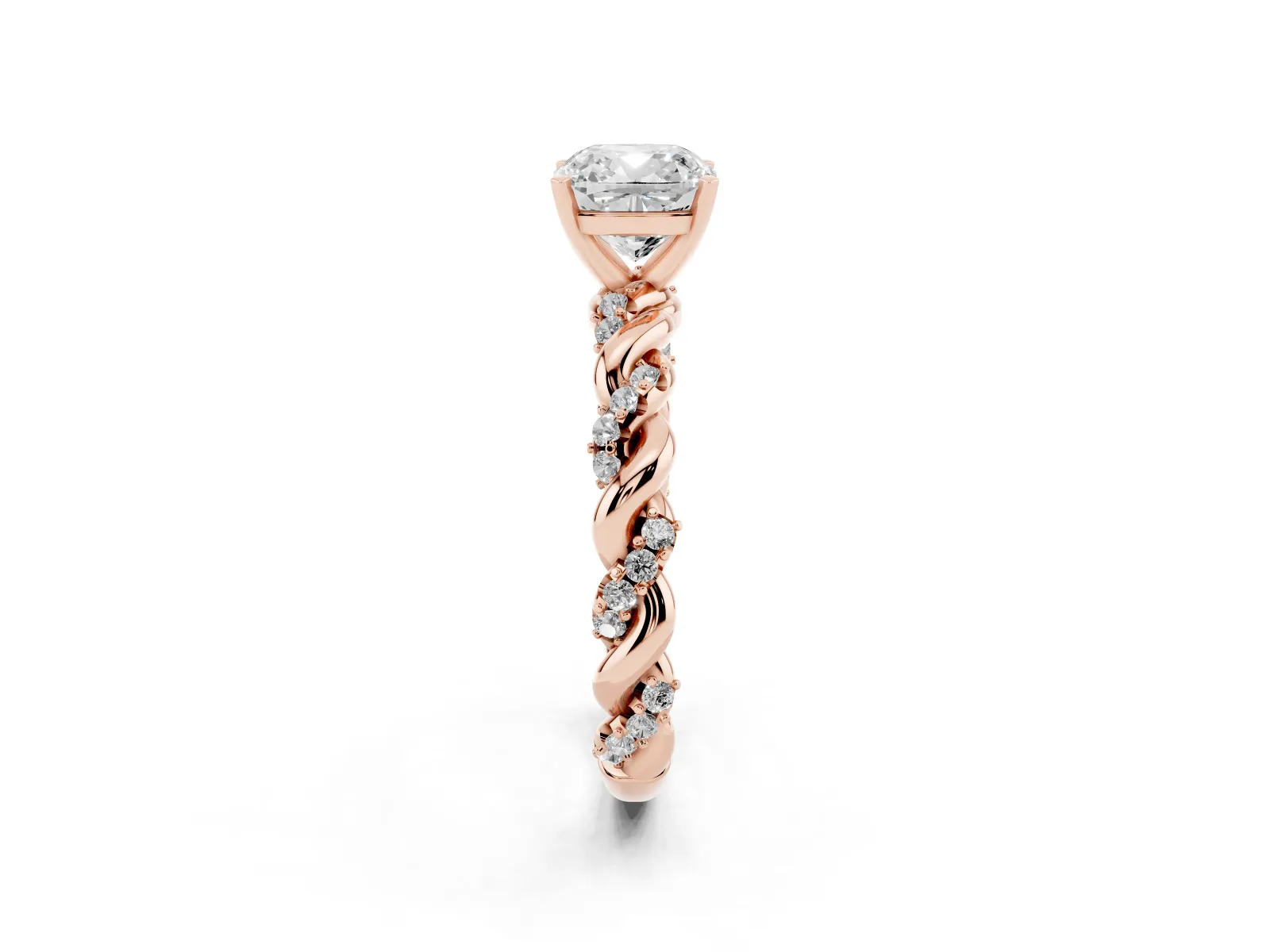 Cushion Cut Diamond Solitaire Ring with Twisted Band and Pavé Accents Rose gold