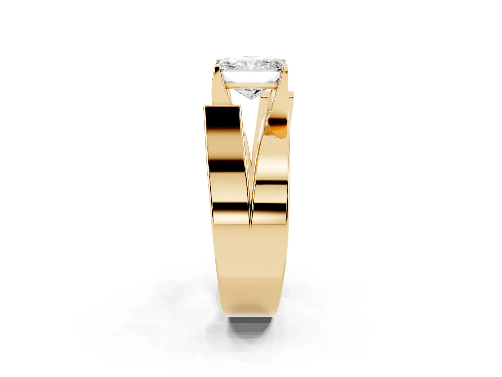 Modern Tension Set Radiant Cut Diamond Solitaire Wide Band Ring Yellow gold