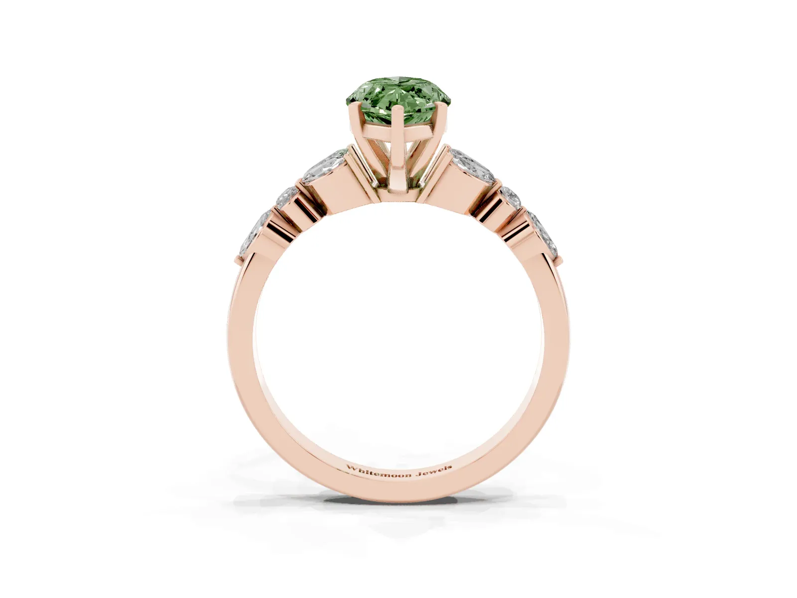 Fancy Green Marquise Cut Diamond Solitaire Ring with Side Stones and Four-Prong Setting Rose gold