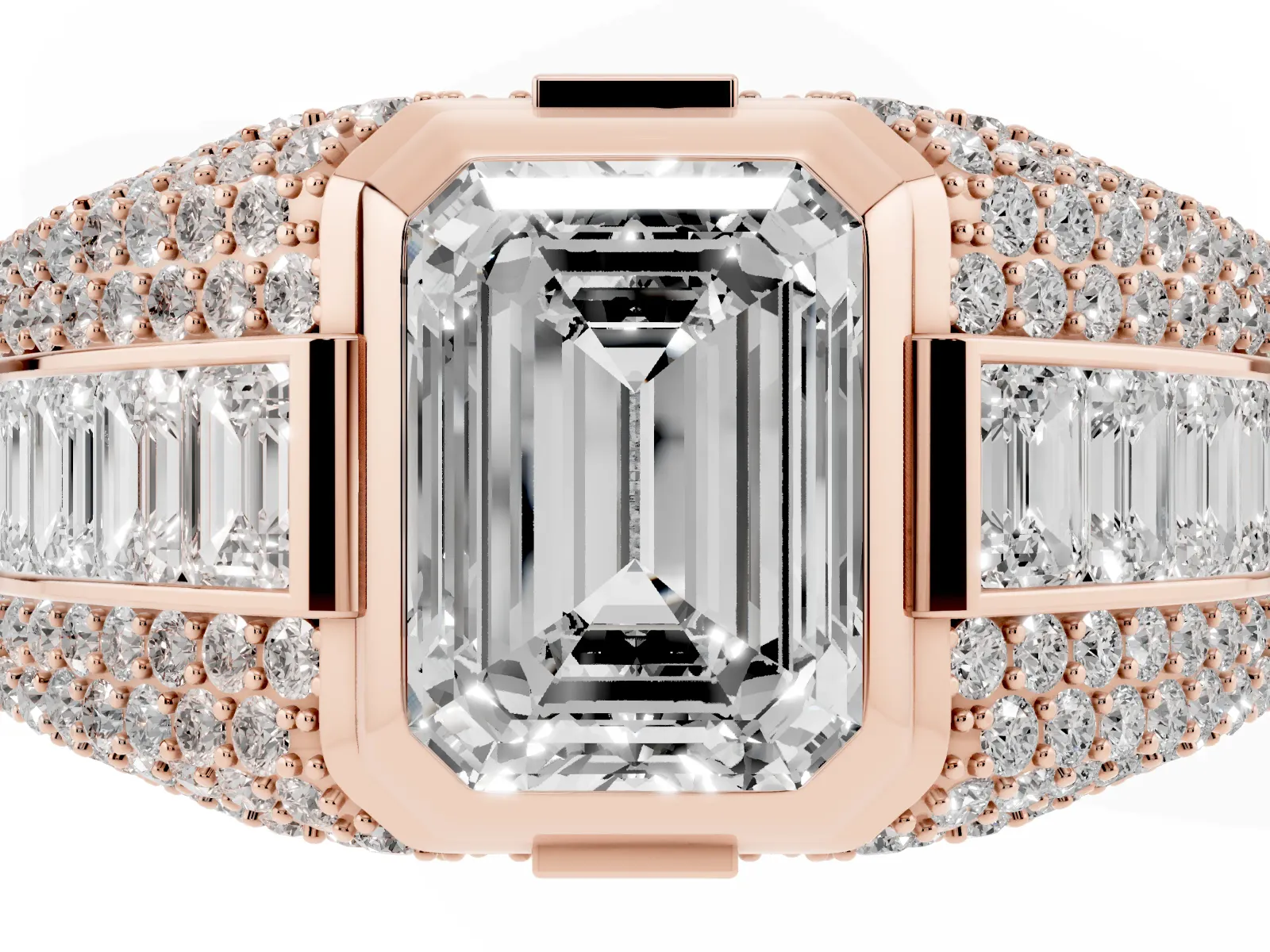 Emerald Cut Diamond Mens Ring with Side Stones Rose gold
