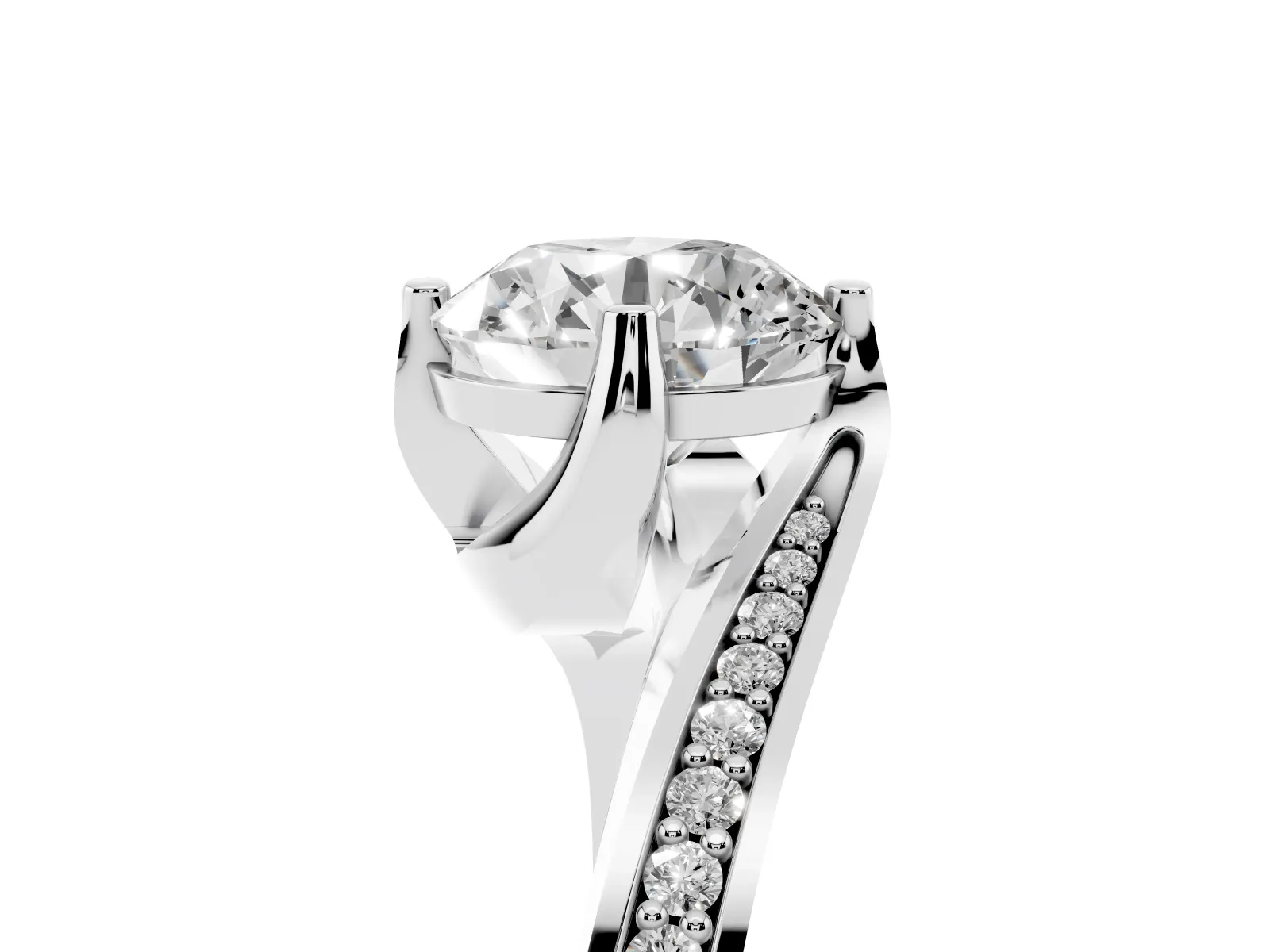 Round Cut Solitaire Diamond Twist Band with Pavé Setting and Four-Prong Setting Platinum