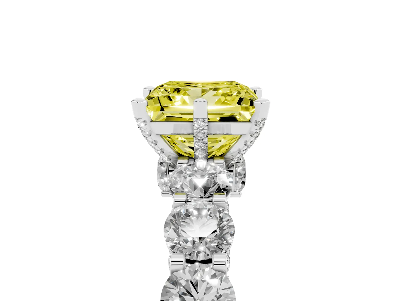 Fancy Yellow Princess Cut Diamond Side Stone Engagement Ring with Four-Prong Setting Platinum