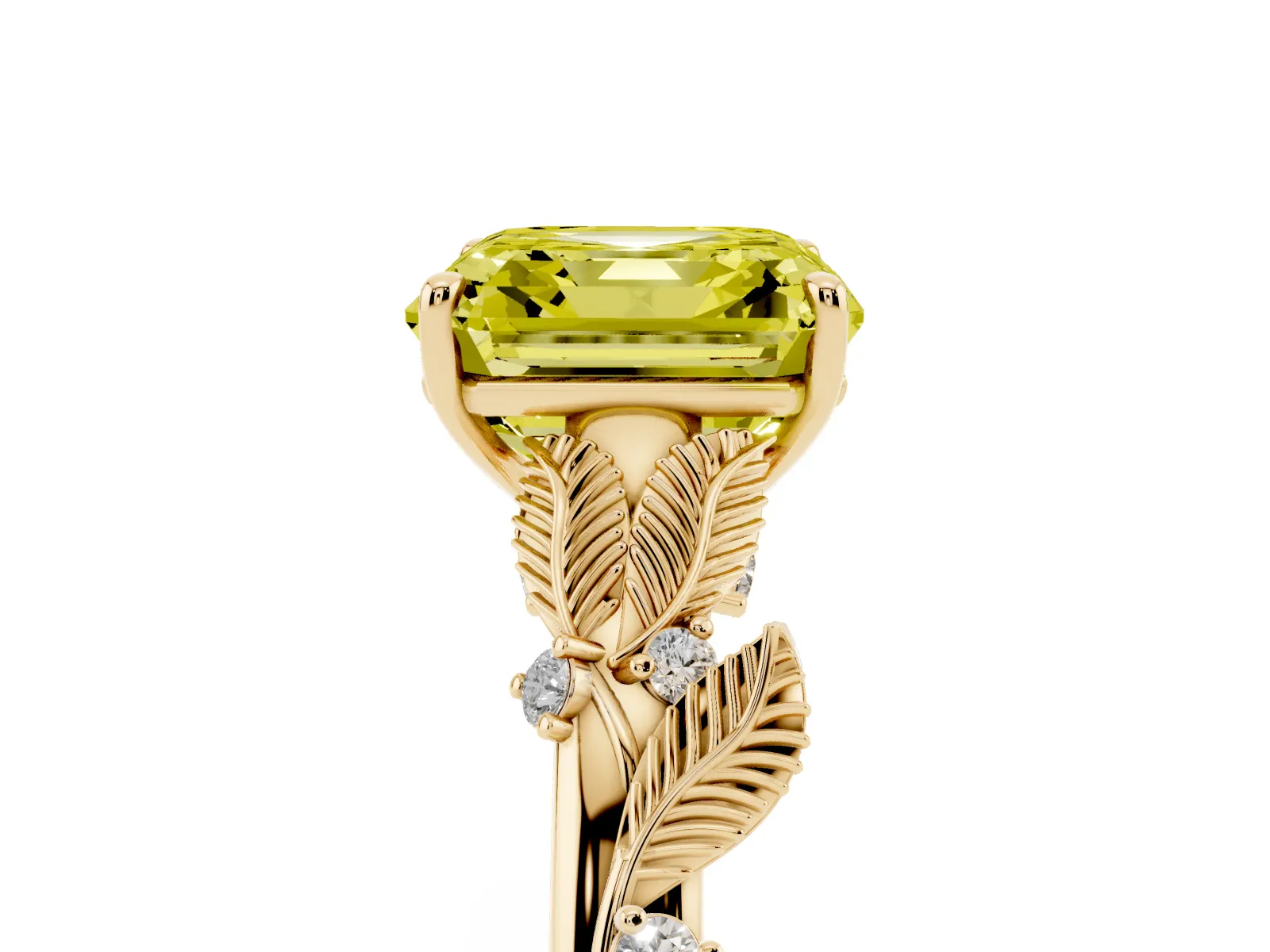 Fancy Yellow Asscher Cut Diamond Solitaire Ring with Leaf Motif Band and Four-Prong Setting Yellow gold