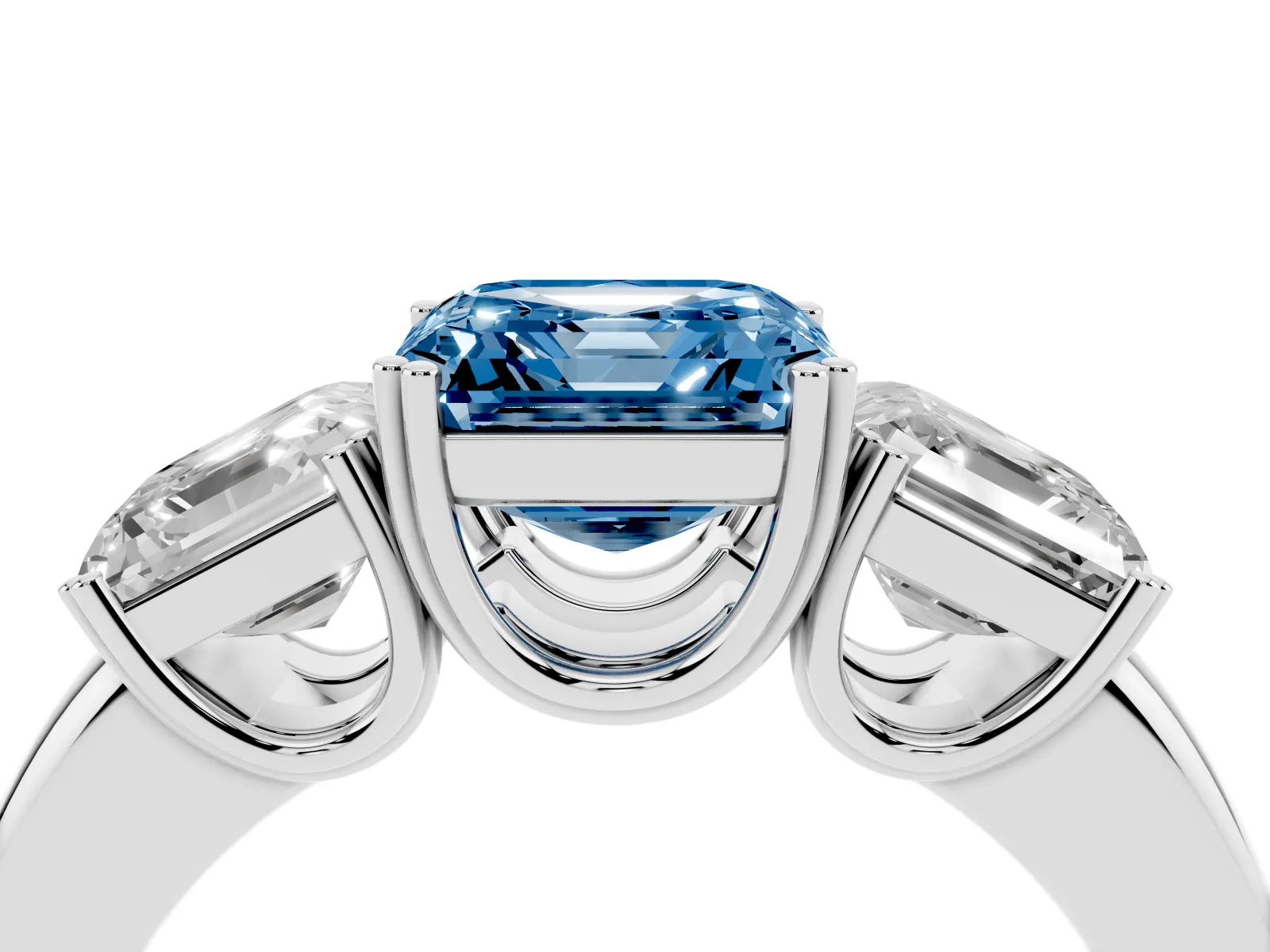 Fancy Blue Three-Stone Asscher Cut Cut Diamond Ring with Channel Set Band and Four-Prong Setting White gold