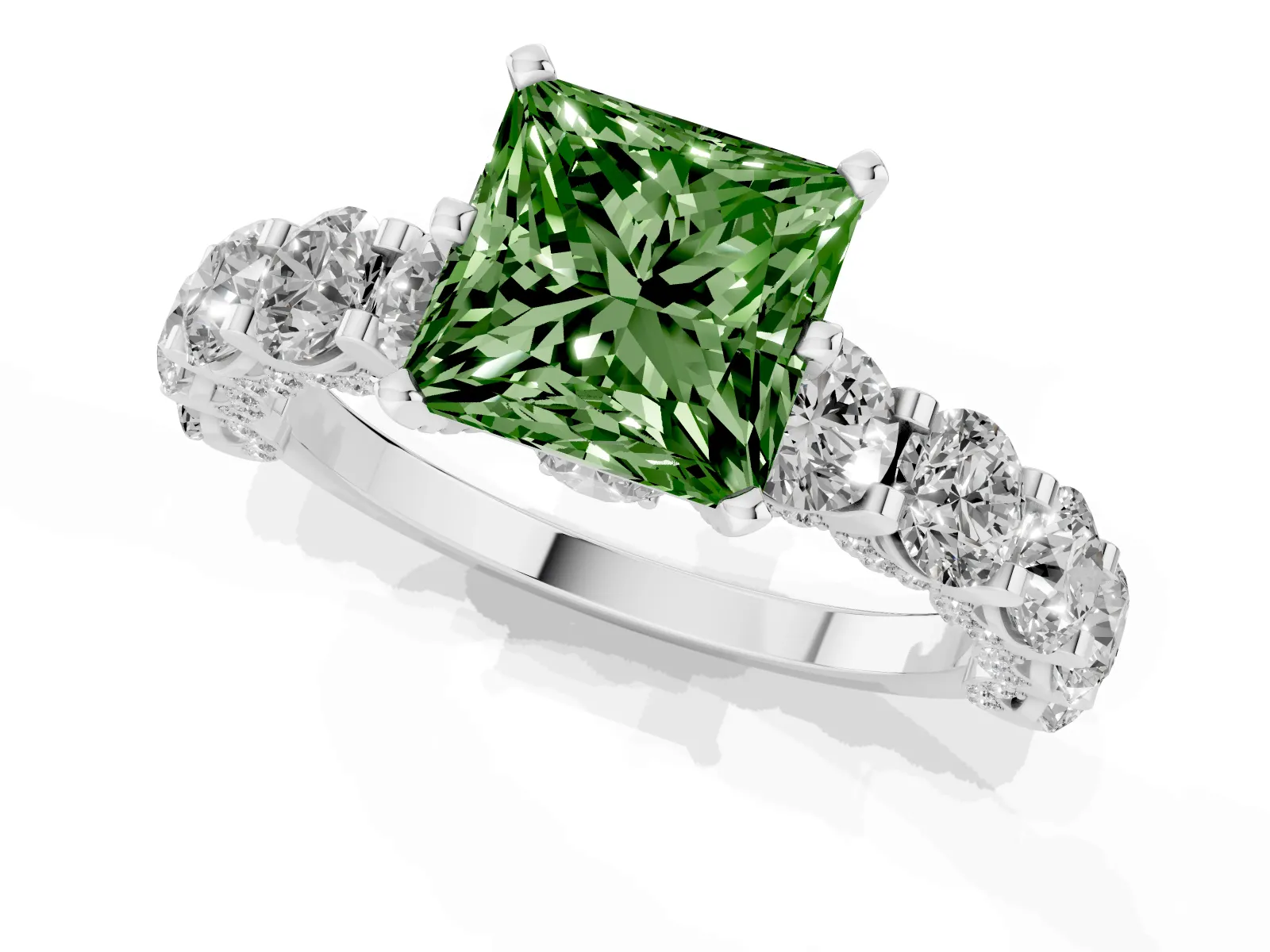 Fancy Green Princess Cut Diamond Side Stone Engagement Ring with Four-Prong Setting Platinum