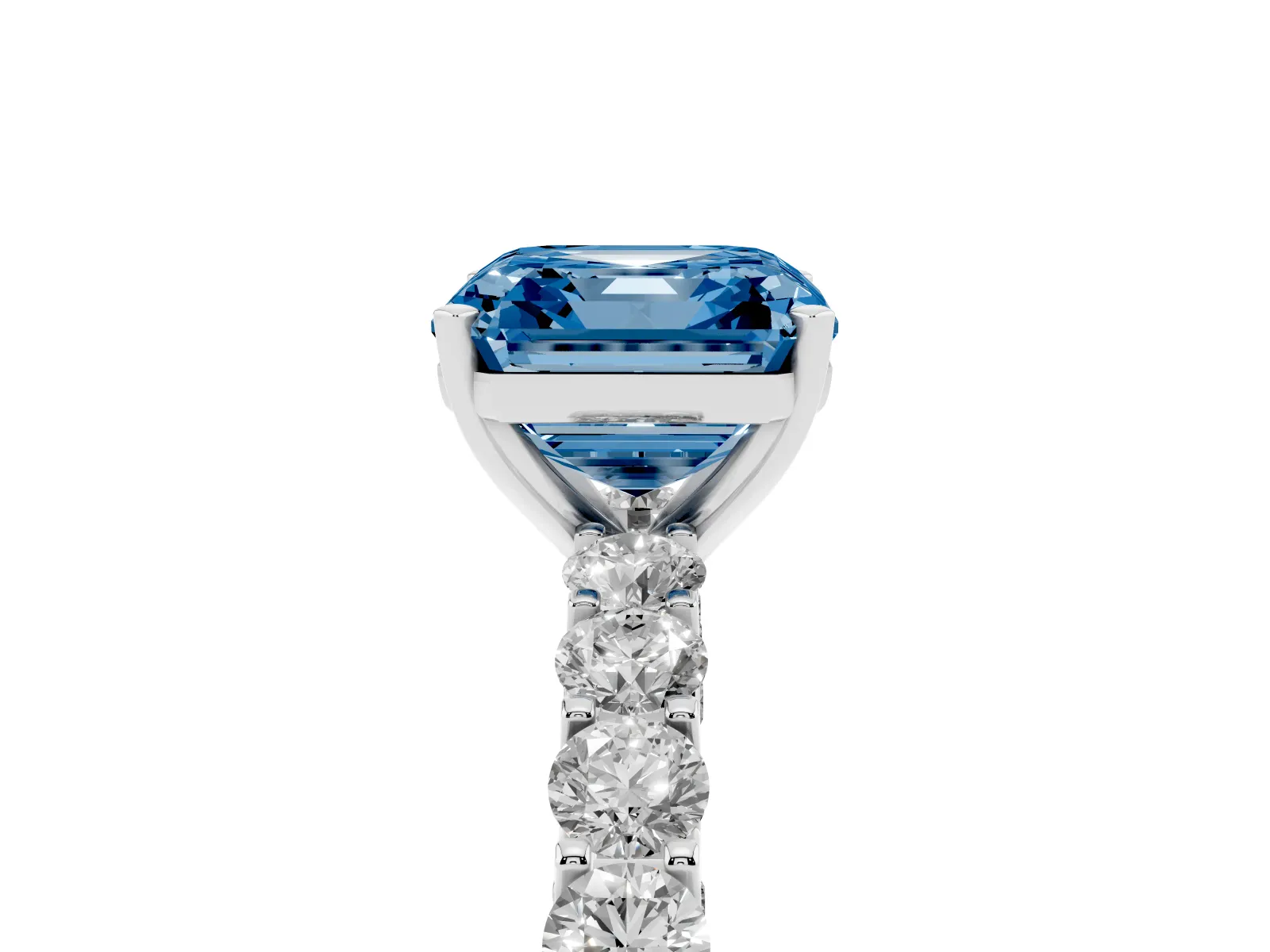 Fancy Blue Asscher Cut Diamond Solitaire Ring with Shared Prong Pavé Band and Four-Prong Setting White gold